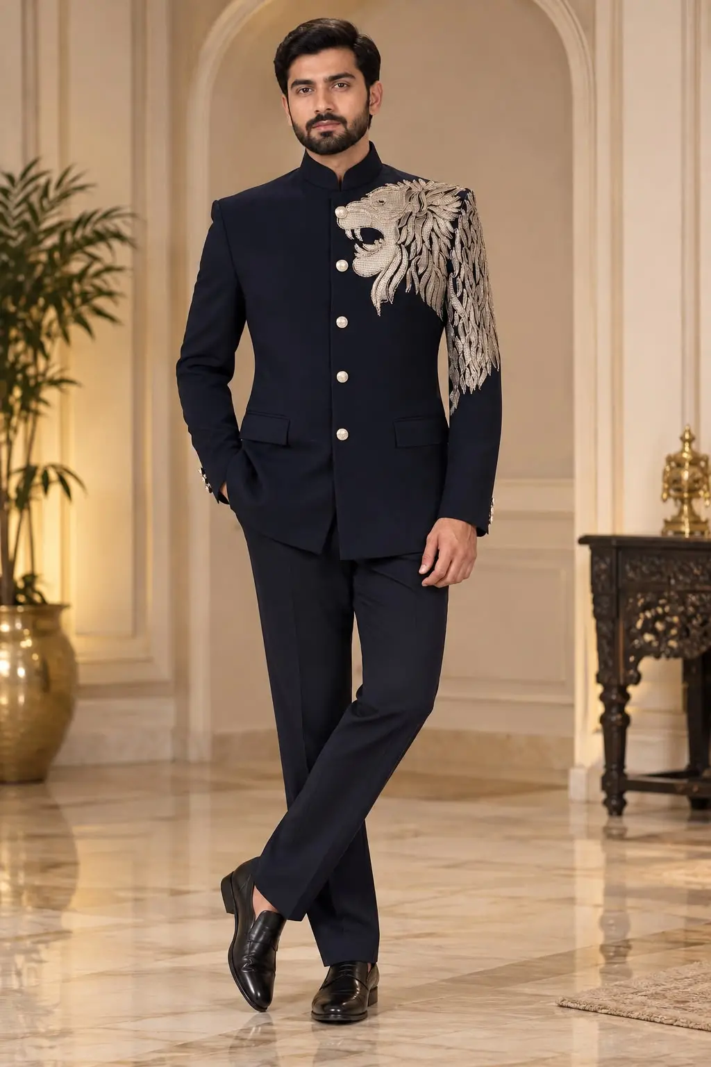 Royal Black & Purple Lion Embroidered Jodhpuri Suit for Groom