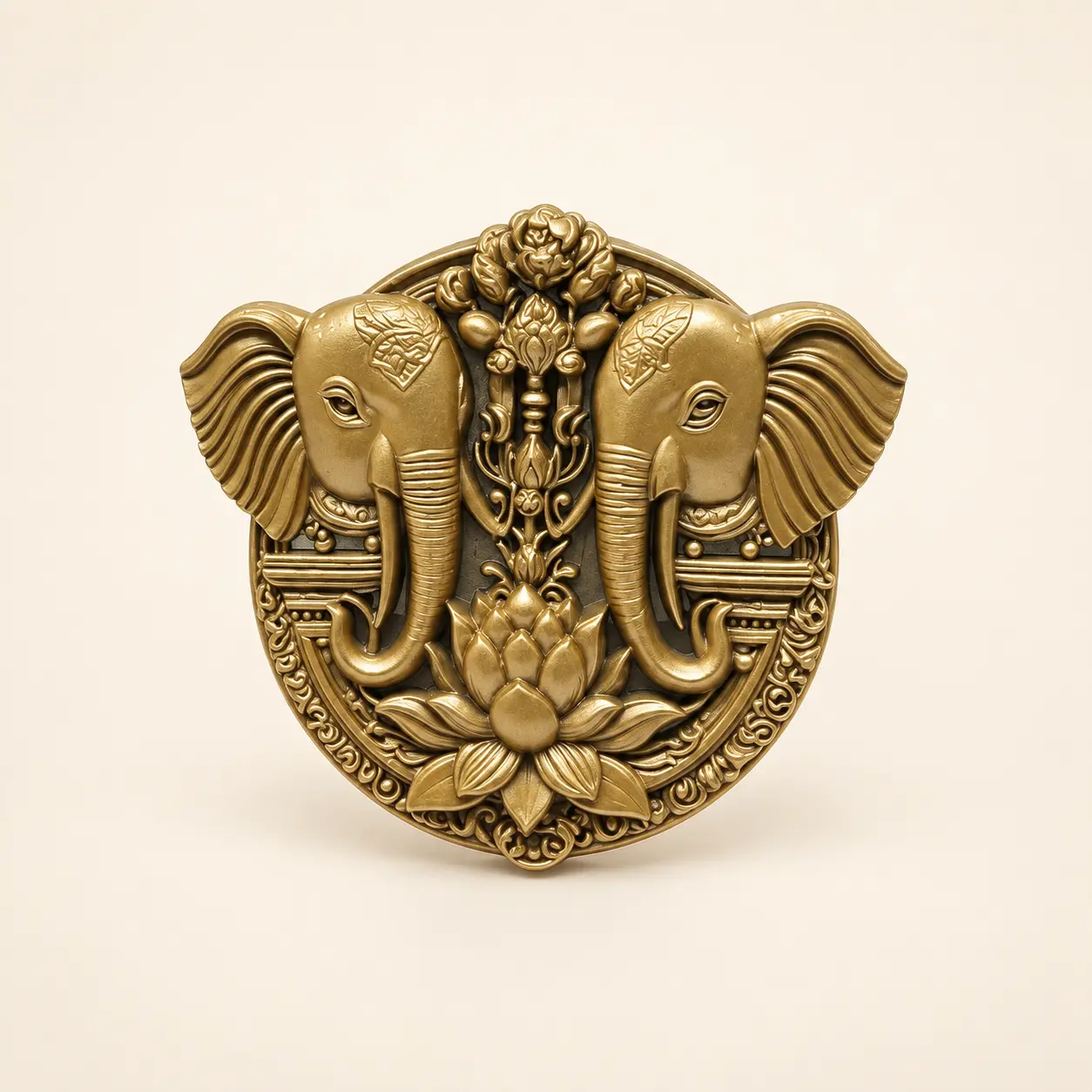 Antique Gold-Tone Double Elephant Lotus Brooch