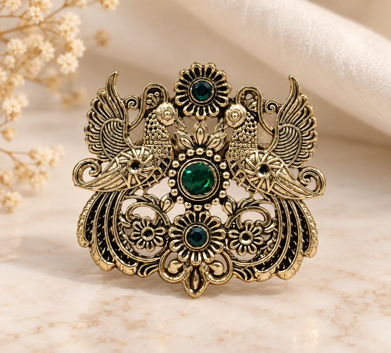 Antique Gold-Tone Peacock Brooch with Green Stones