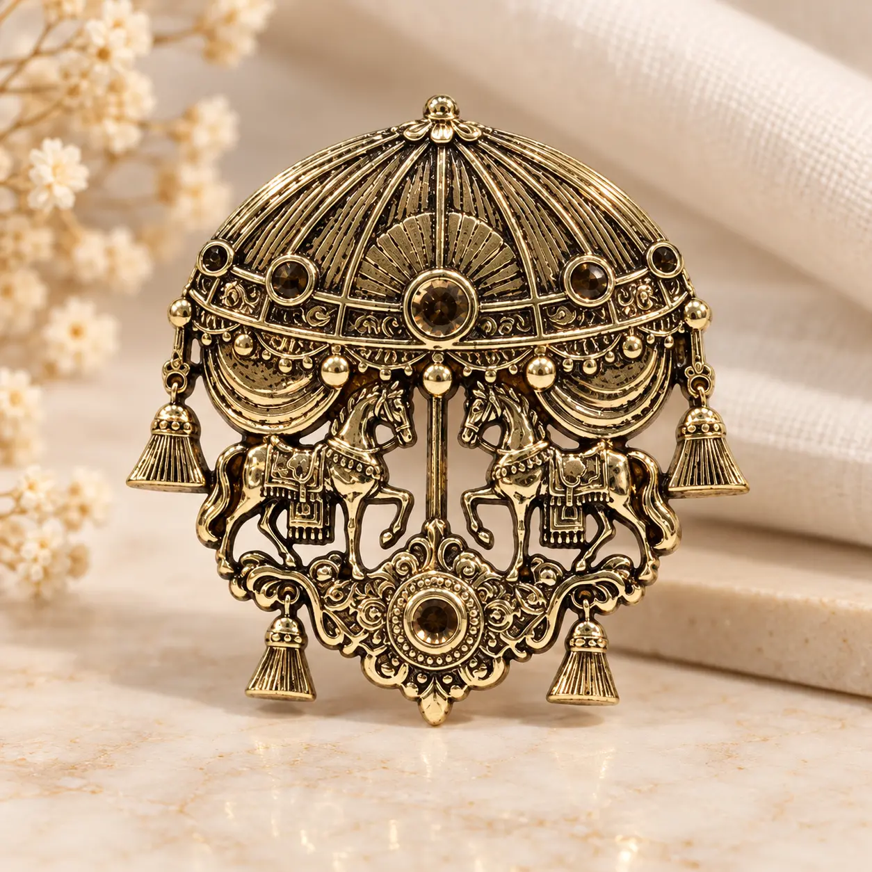 Antique Gold-Tone Twin Horse Canopy Brooch