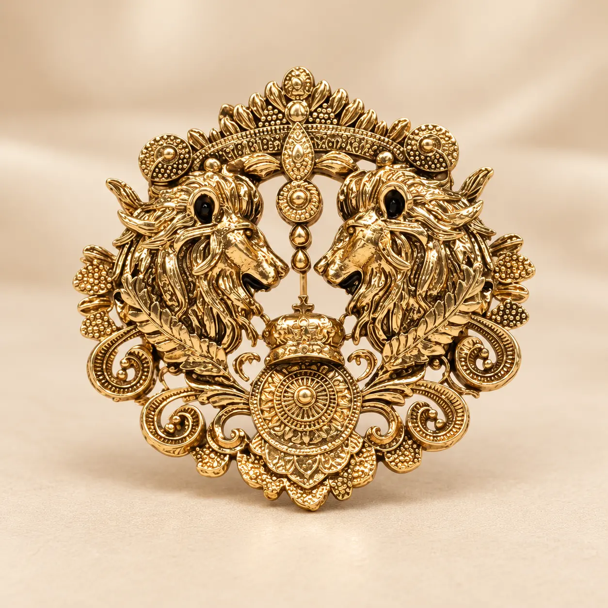 Antique Gold-Tone Twin Lion Crest Brooch