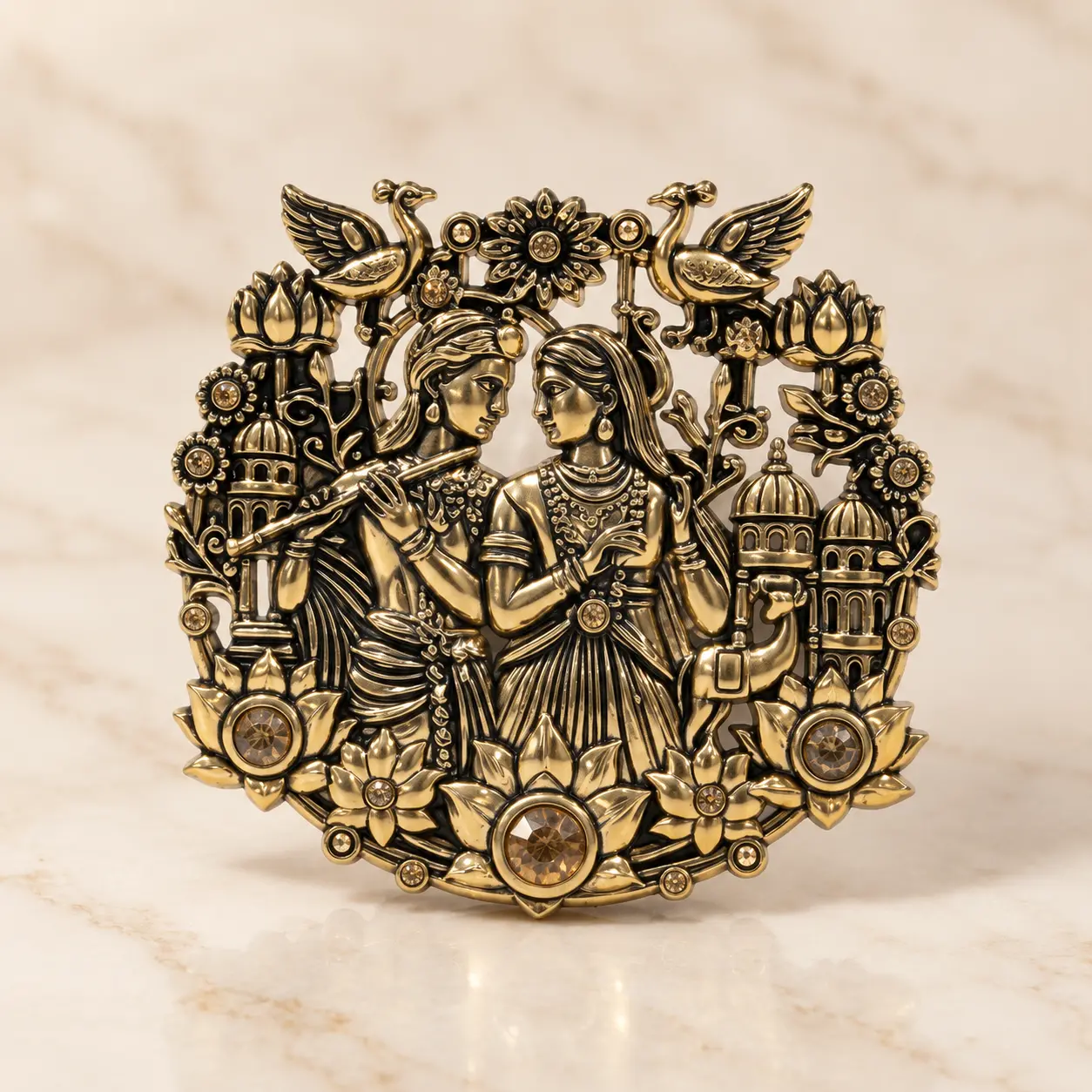 Antique Gold-Tone Radha Krishna Floral Brooch