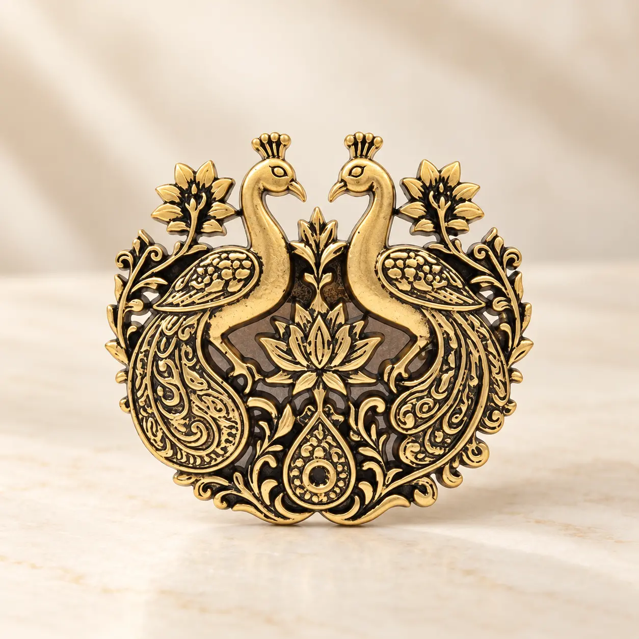 Antique Gold-Tone Twin Peacock Lotus Brooch
