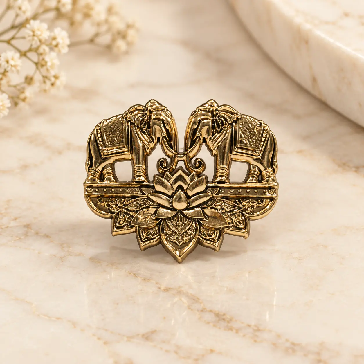 Antique Gold-Tone Twin Elephant Lotus Brooch