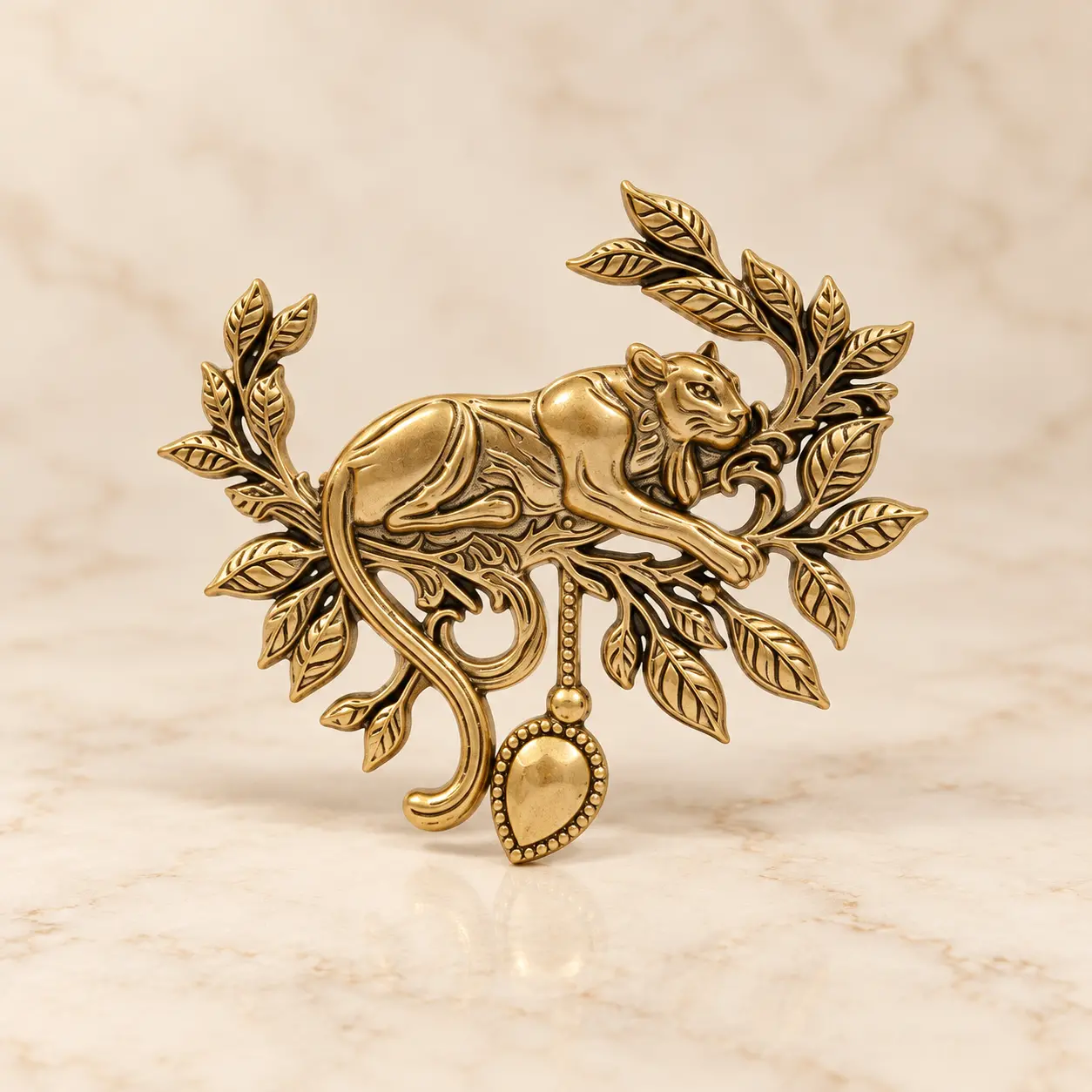 Antique Gold-Tone Leopard on Branch Brooch
