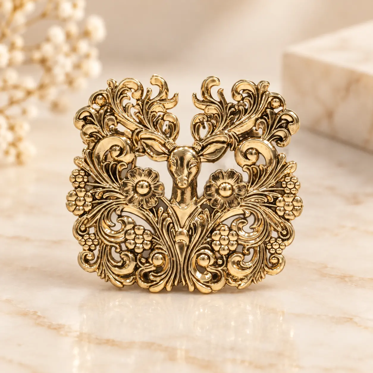 Antique Gold-Tone Deer Floral Scroll Brooch