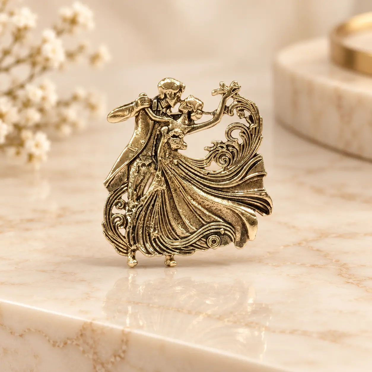 Antique Gold-Tone Dancing Couple Brooch