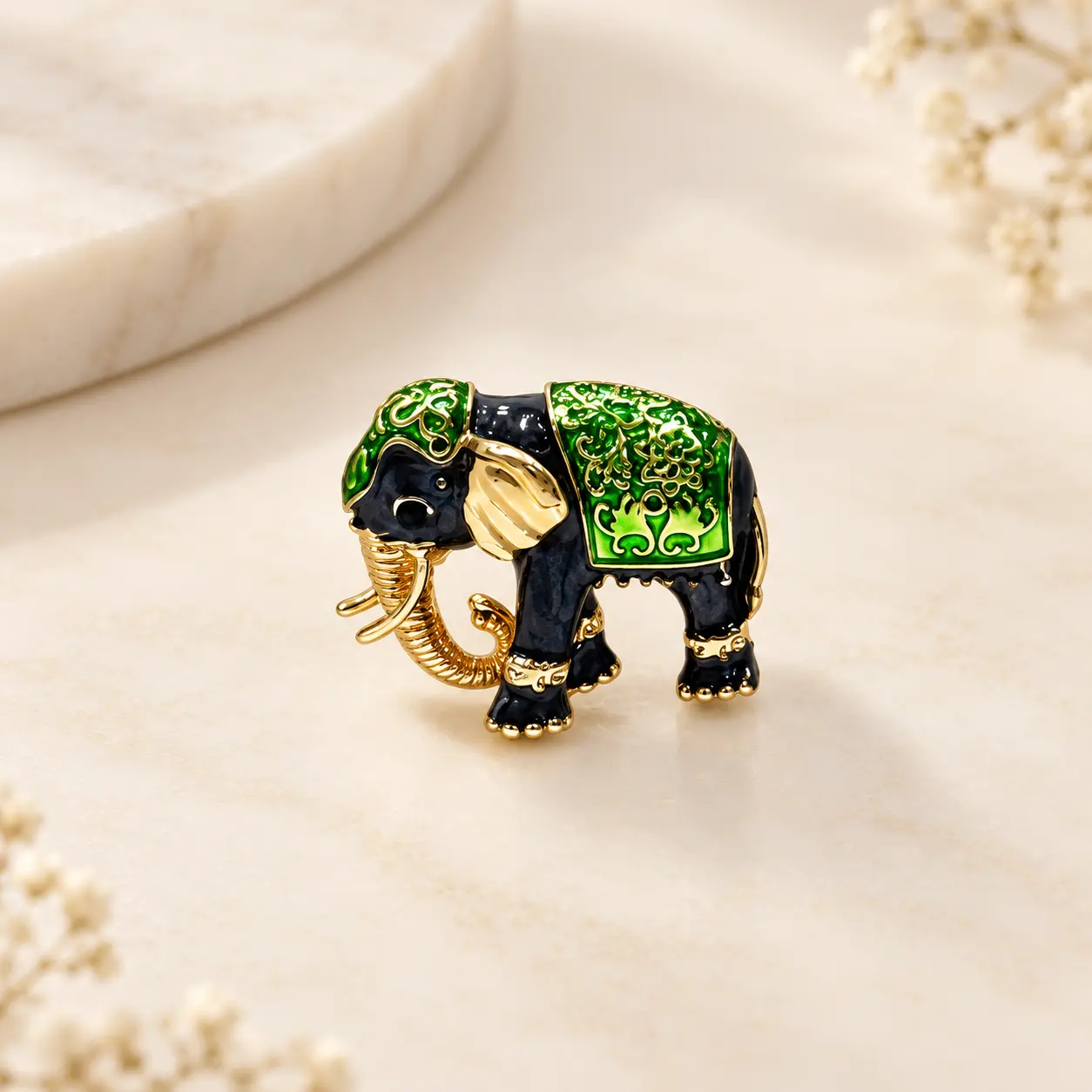 Green & Black Elephant Brooch with Gold-Tone Details