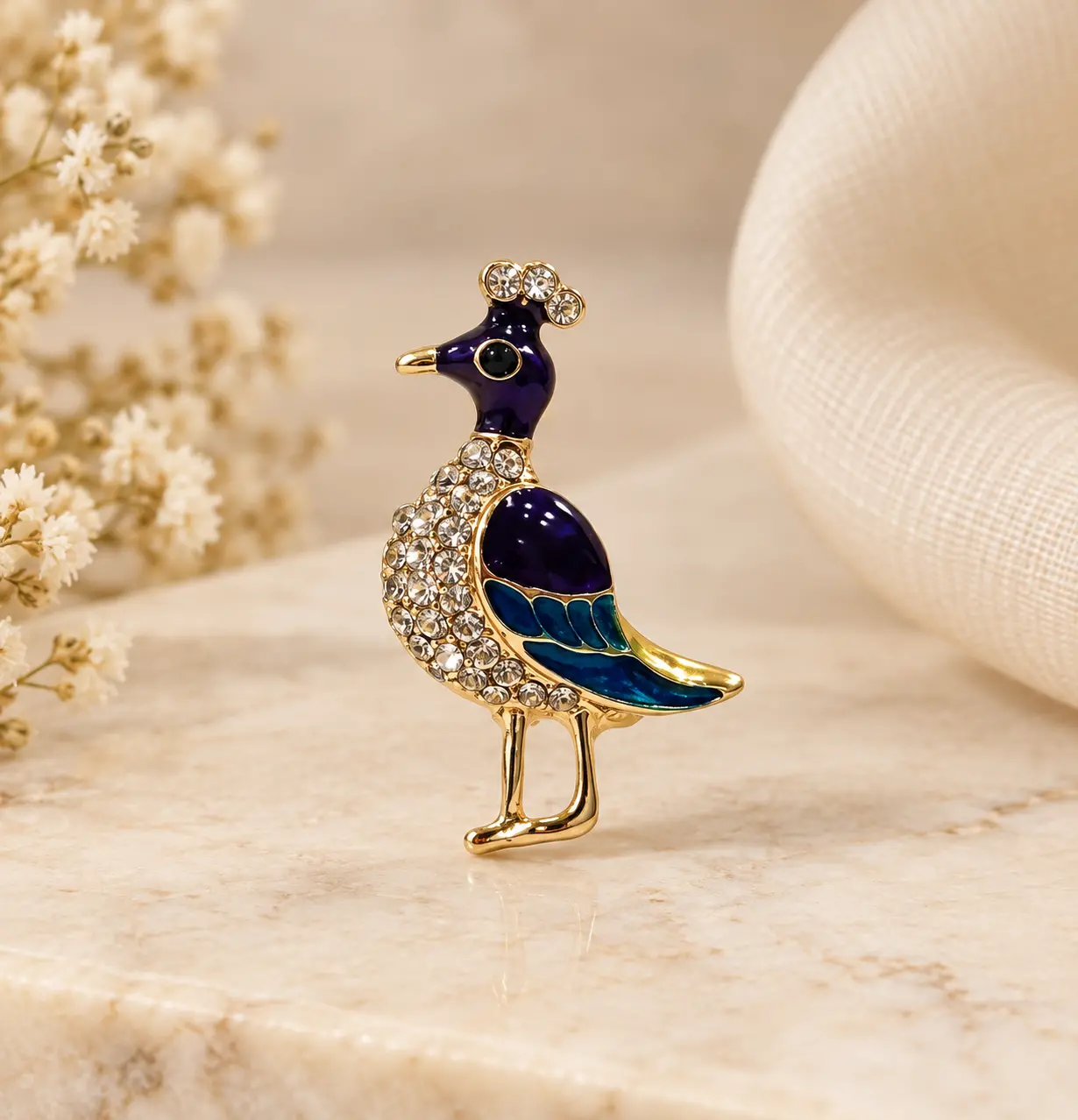 Purple & Teal Peacock Brooch with Clear Stone Accents