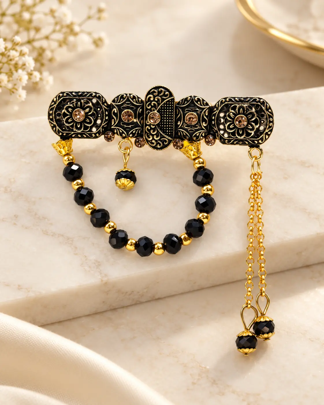 Black & Gold Floral Brooch with Beaded Chain Accents