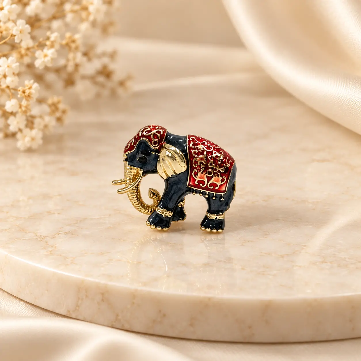 Red & Black Elephant Brooch with Gold-Tone Detailing