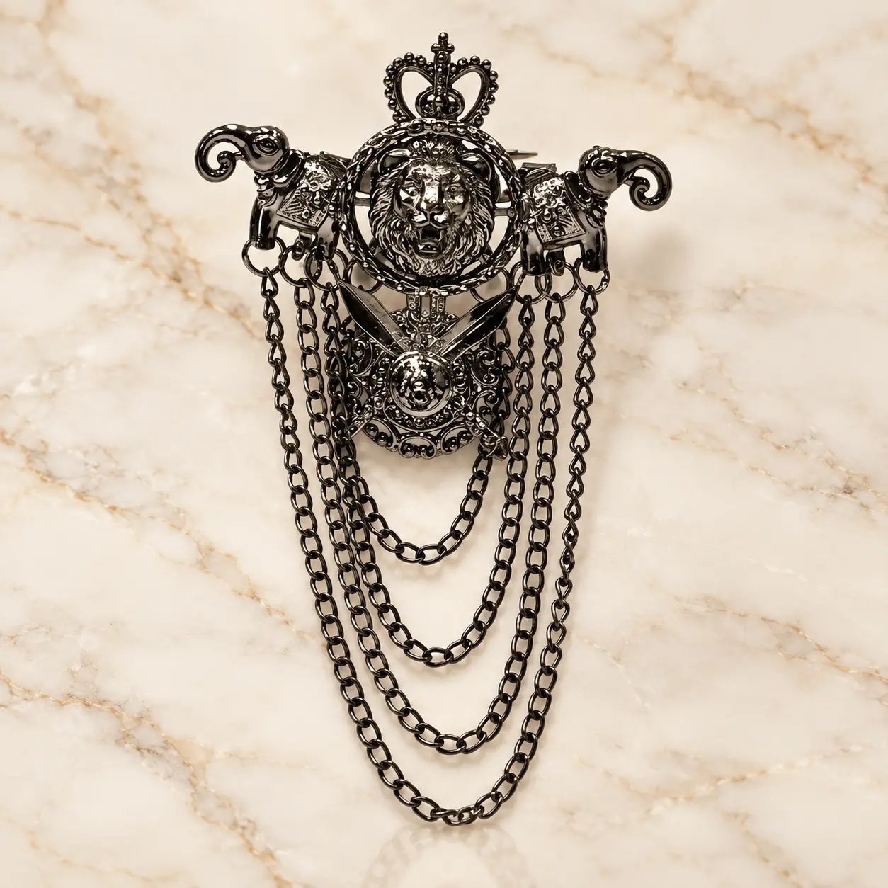 Gunmetal Lion Crest Brooch with Elephant & Chain Details