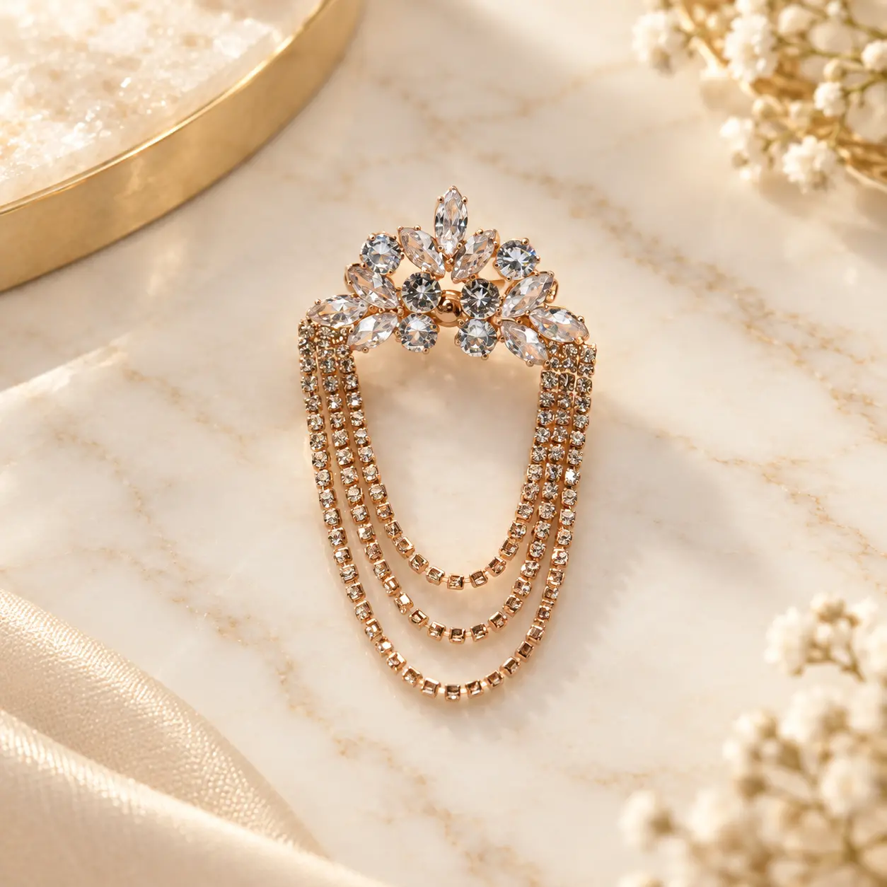 Rose Gold Floral Brooch with Clear Stones & Chain Drapes