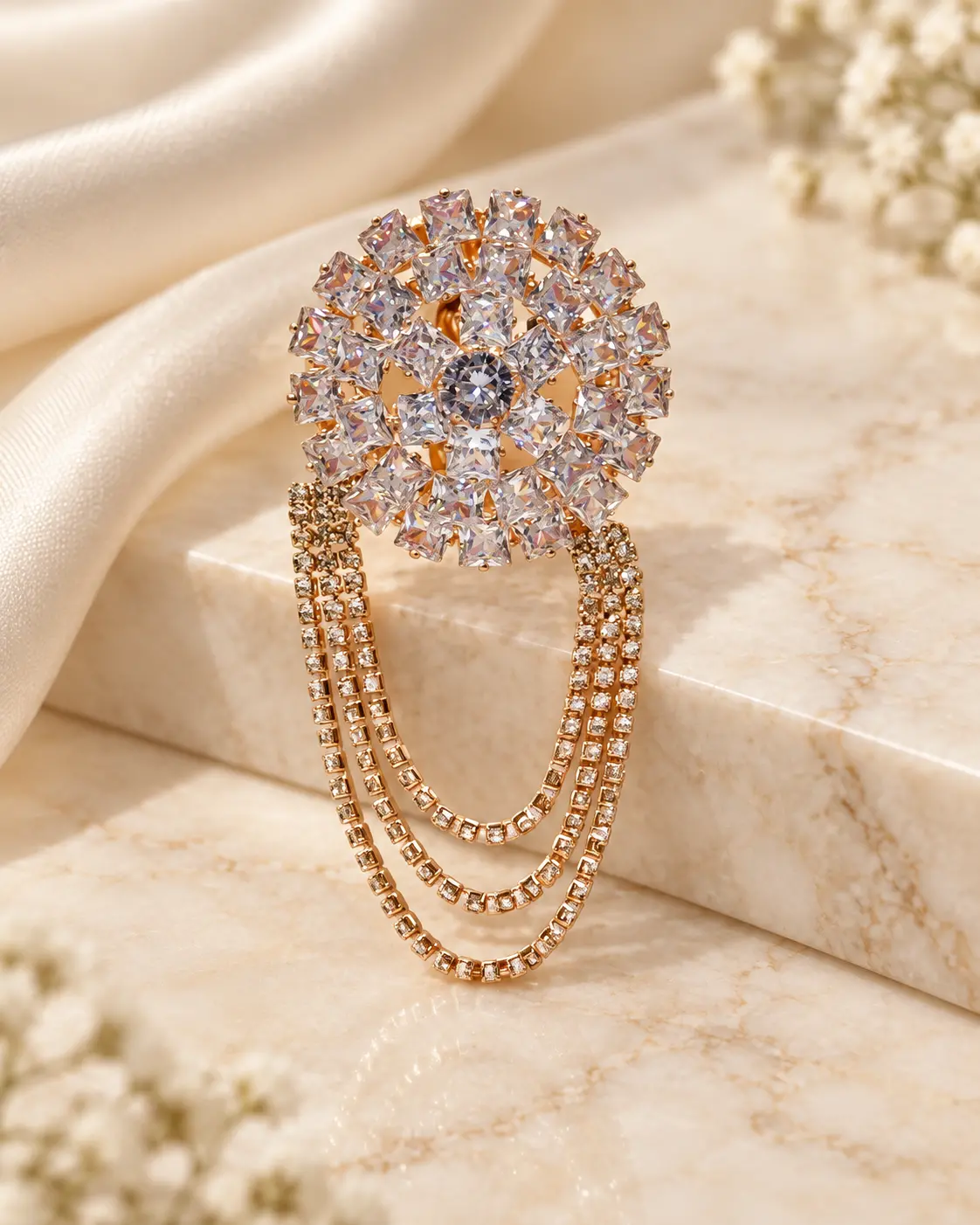 Rose Gold-Tone Circular Floral Brooch with Clear Stones