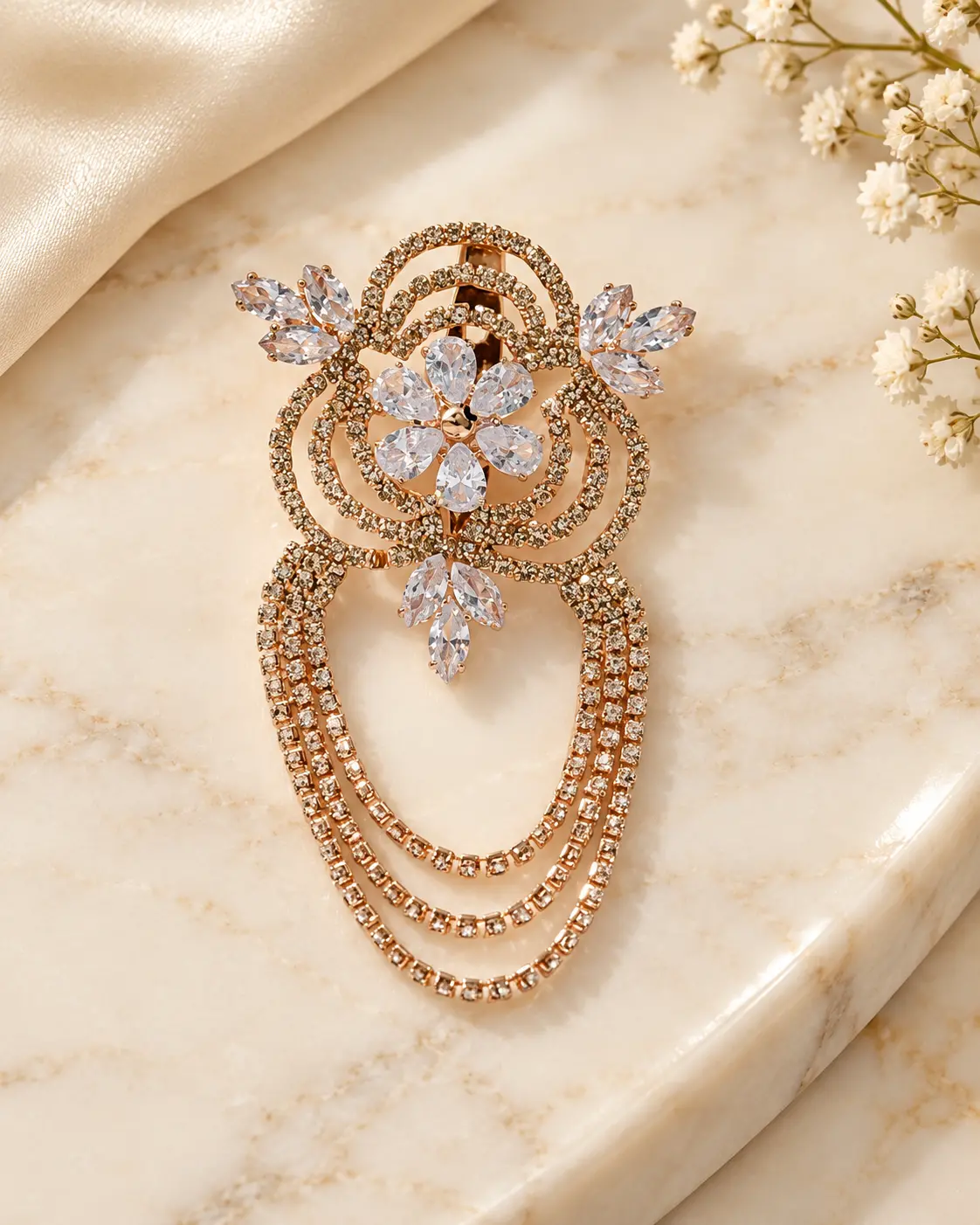 Rose Gold Floral Crystal Brooch with Cascading Chains