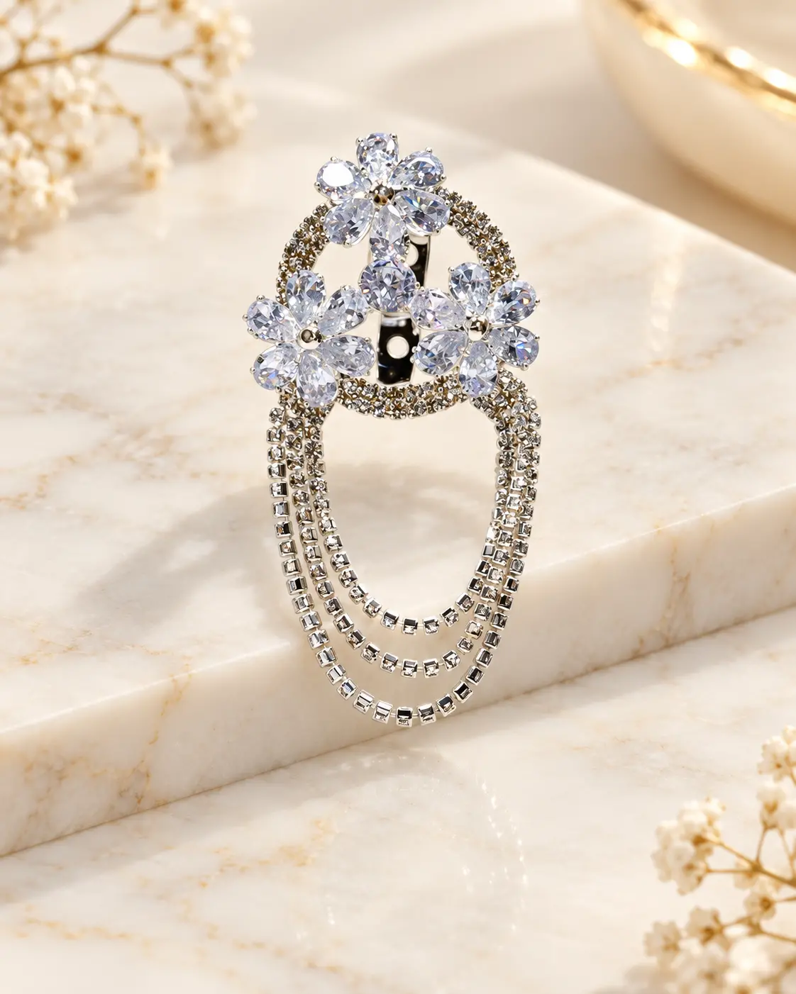 Silver-Tone Floral Brooch with Clear Stones & Chain Drapes