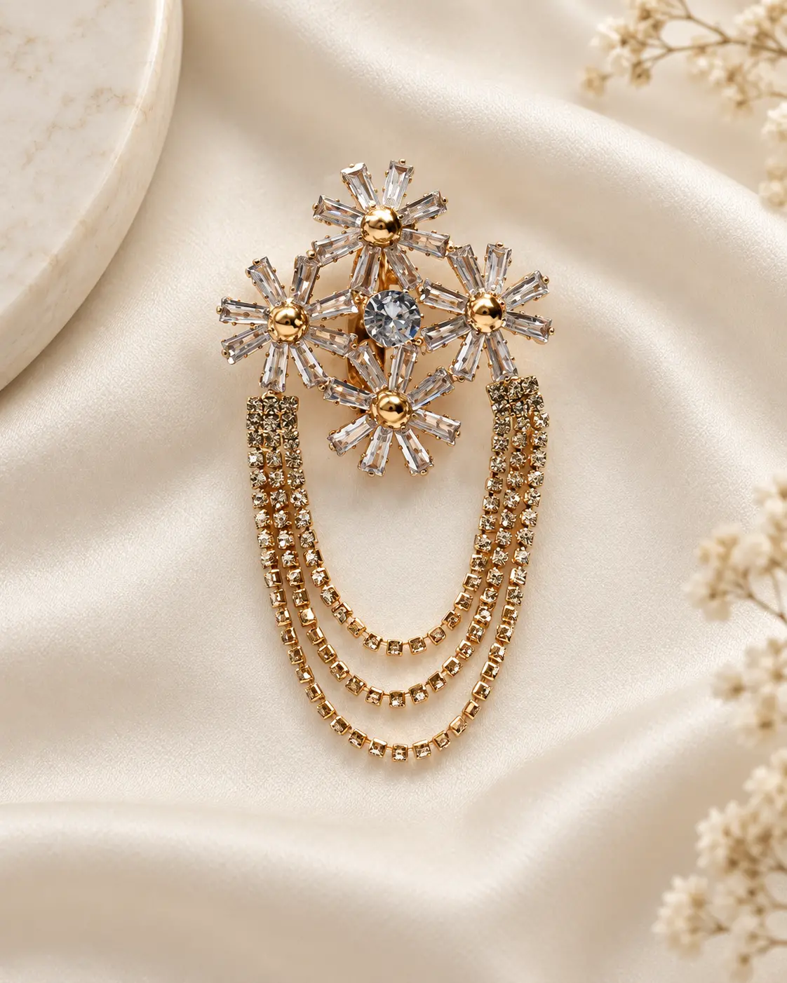 Rose Gold Floral Crystal Brooch with Triple Chain Drapes