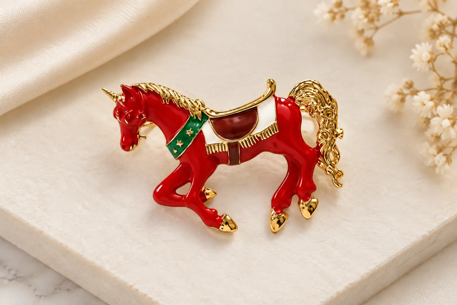 Red Horse Motif Brooch with Gold-Tone Details