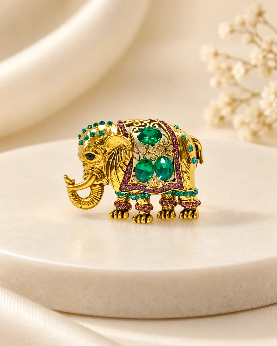 Gold-Tone Elephant Brooch with Green & Purple Stone Accents