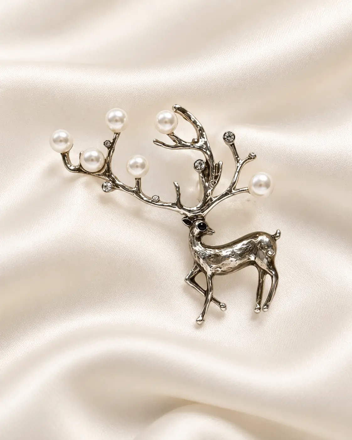 Silver-Tone Stag Brooch with Pearl Antler Accents