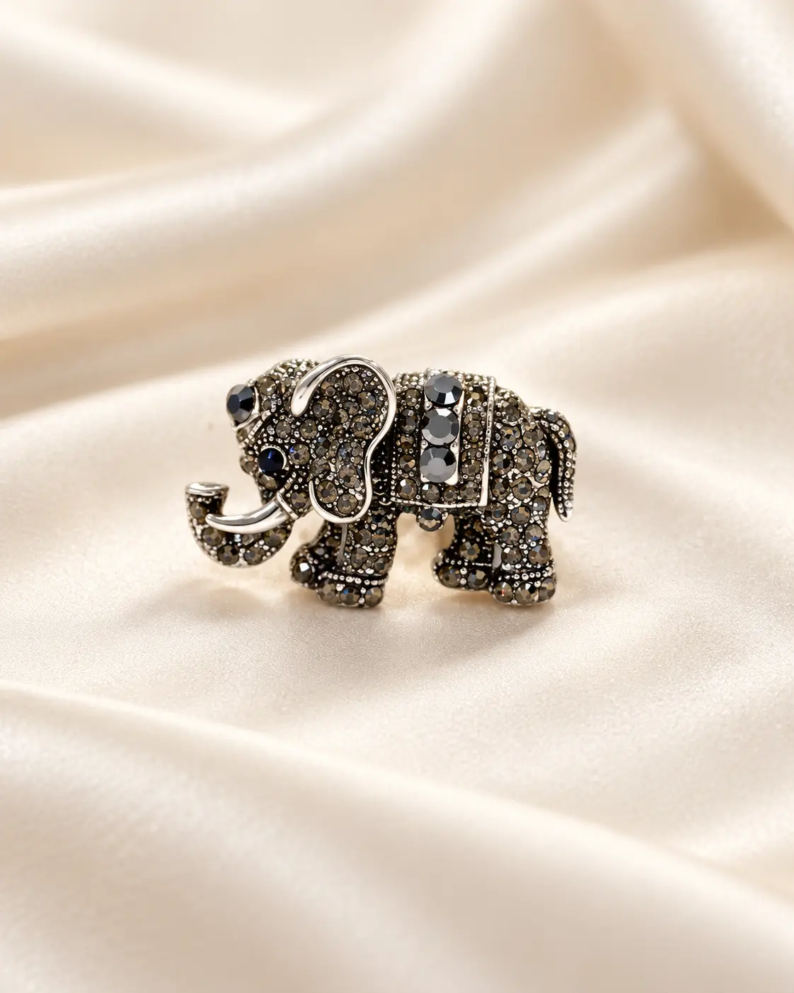Gunmetal Elephant Brooch with Dark Stone Embellishments
