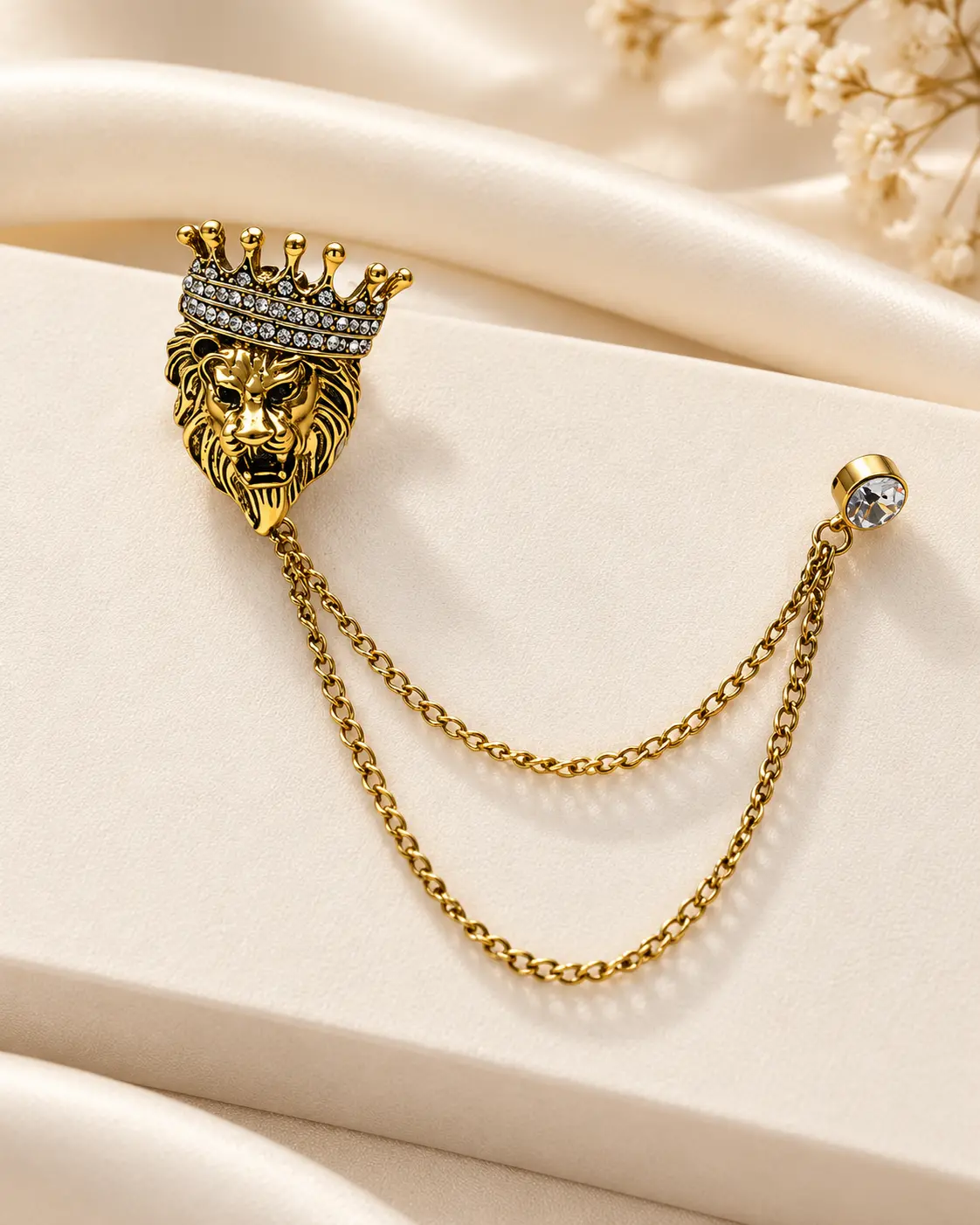 Gold-Tone Crowned Lion Brooch with Double Chain Detail