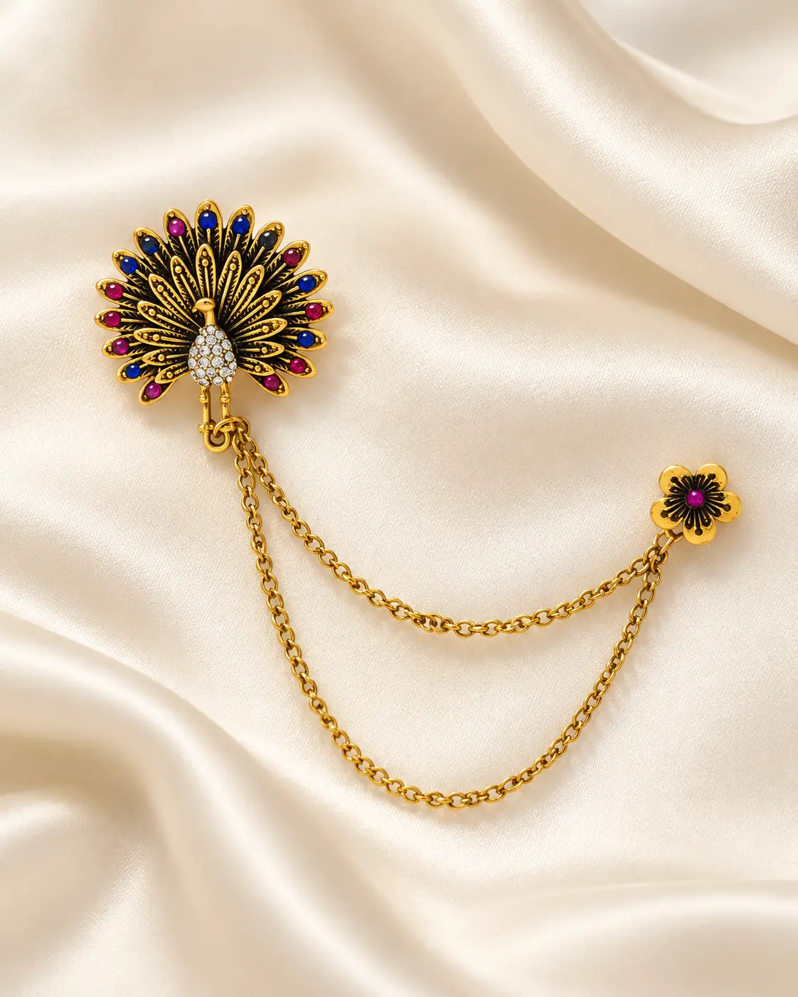 Gold-Tone Peacock Brooch with Multicolour Stones & Chains