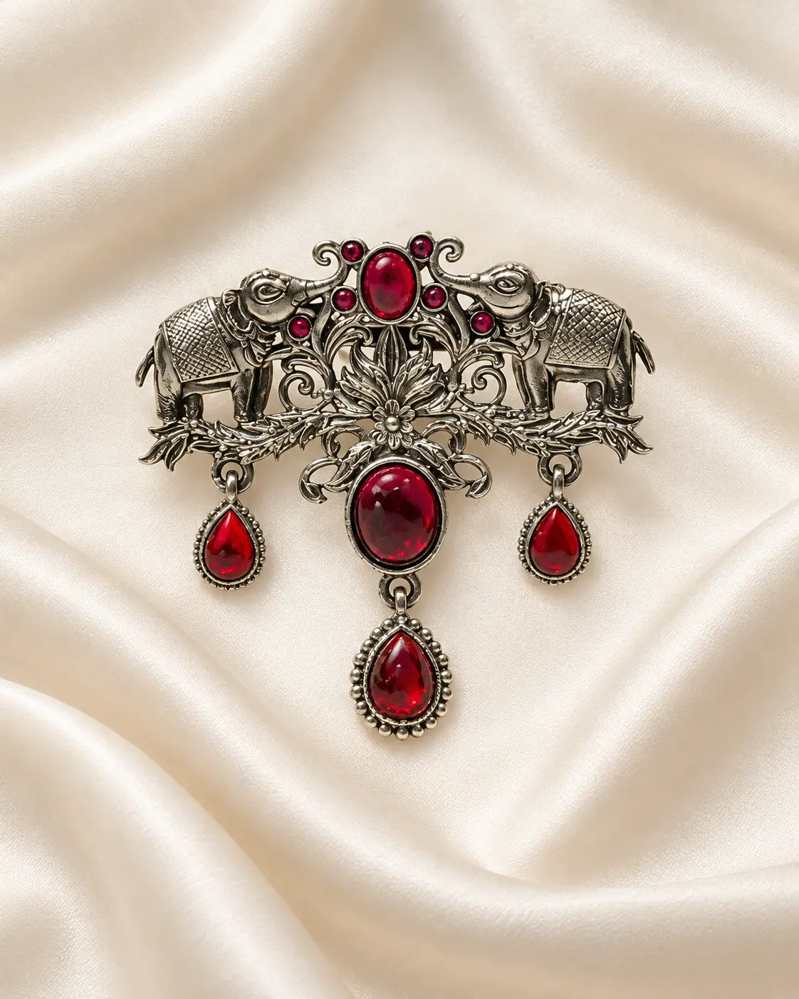 Antique Silver-Tone Twin Elephant Brooch with Red Stones