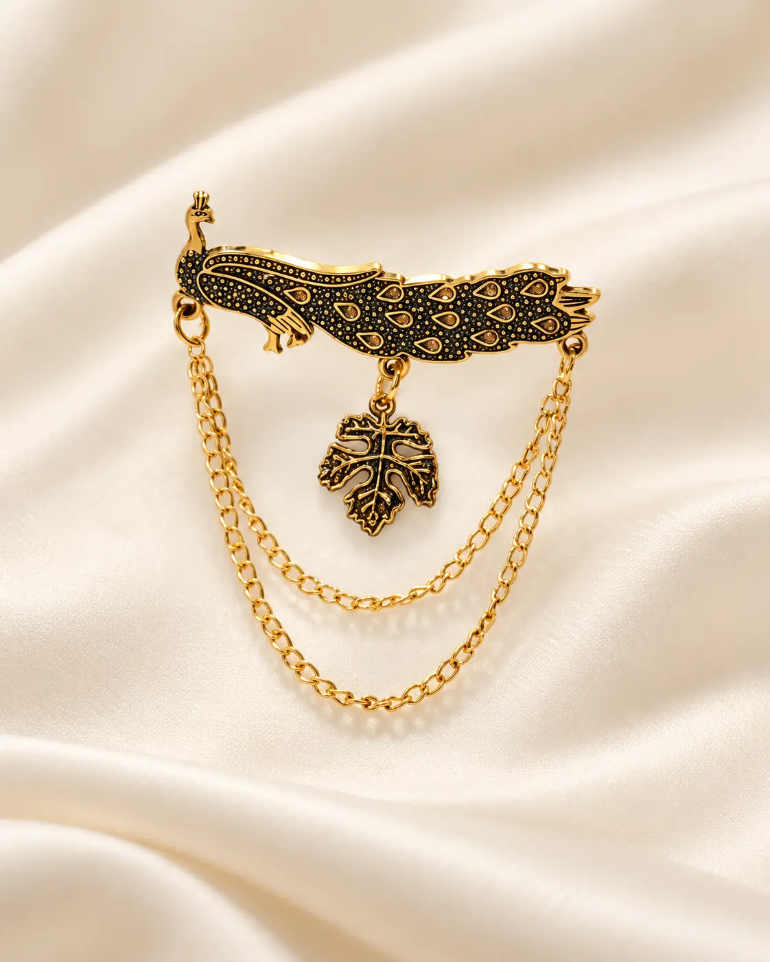 Gold-Tone Peacock Brooch with Leaf Charm & Double Chains