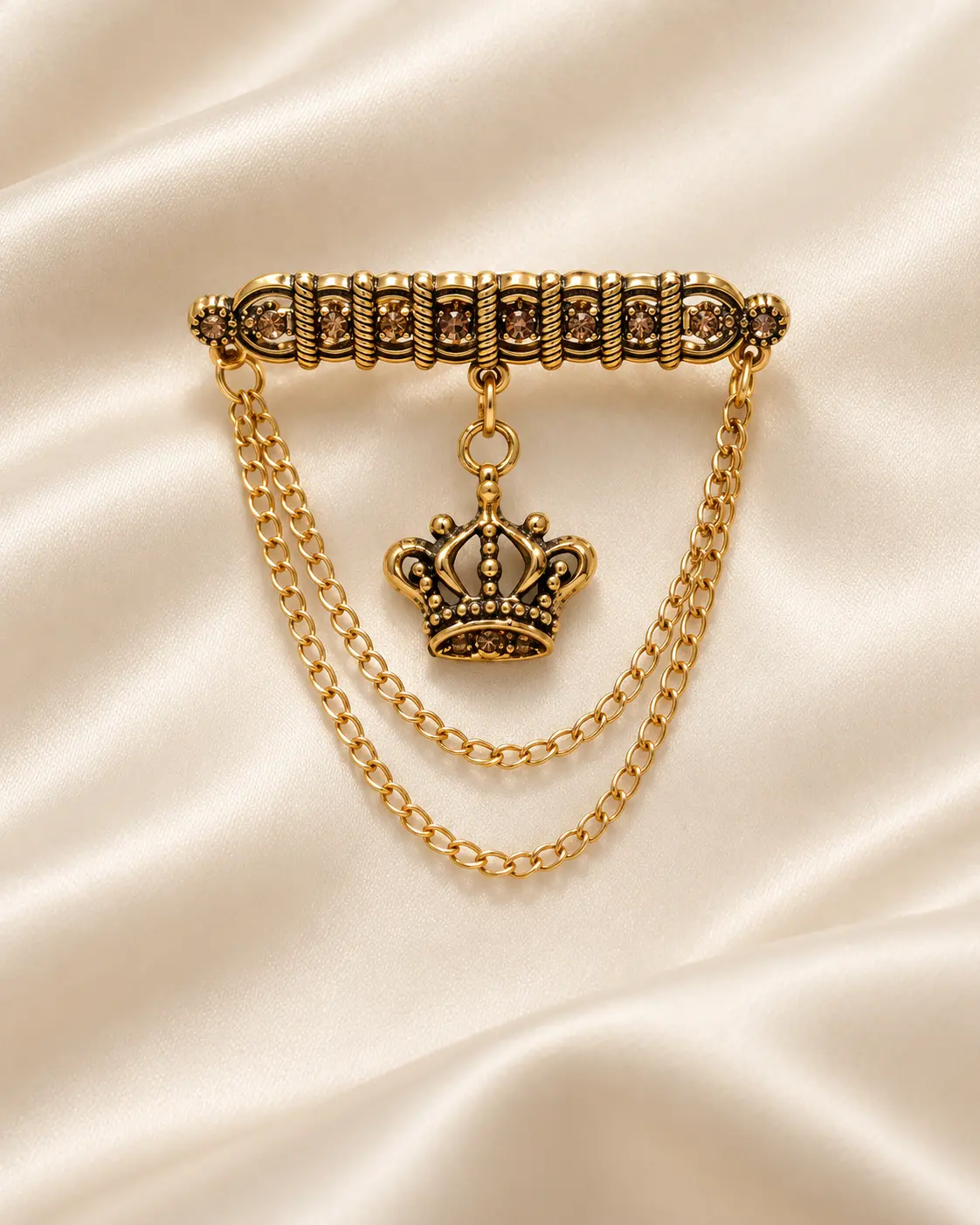 Gold-Tone Crown Charm Brooch with Double Chain Drapes