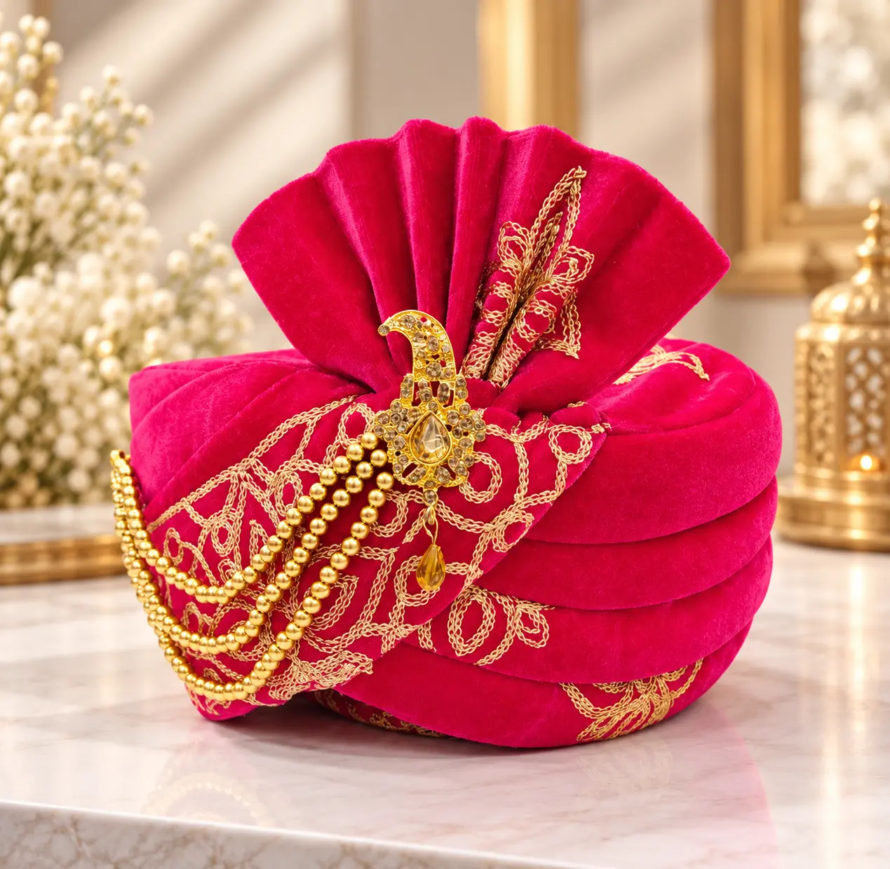 Rani Pink Traditional Groom Wedding Turban with Sarpech
