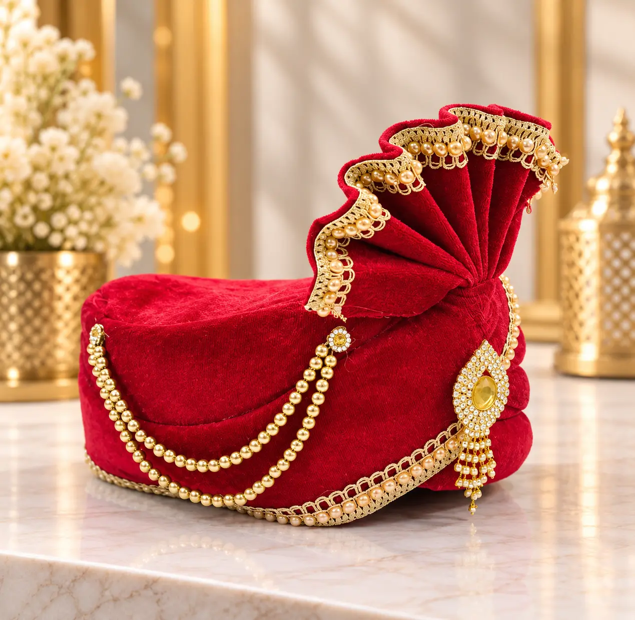 Maroon Traditional Groom Wedding Turban with Pearl Detailing