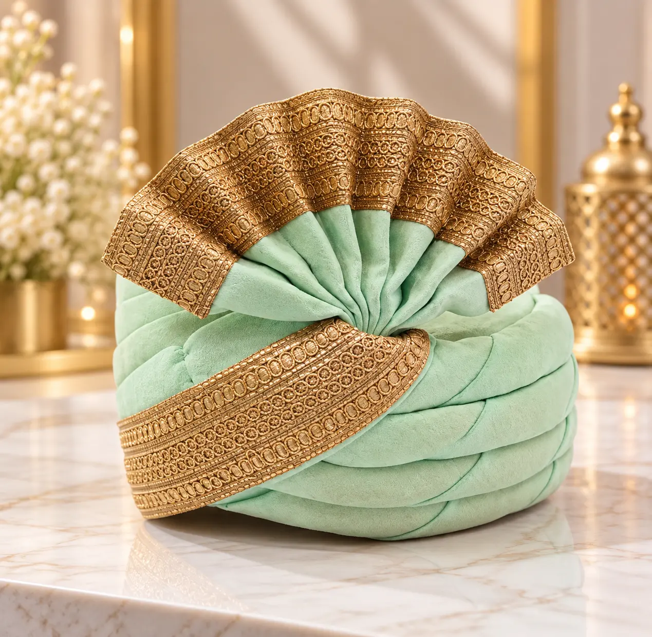 Pista Green Traditional Groom Wedding Turban with Embroidered Border