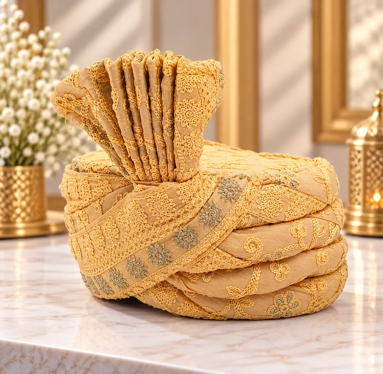 Golden Beige Traditional Groom Wedding Turban with Floral Embroidery