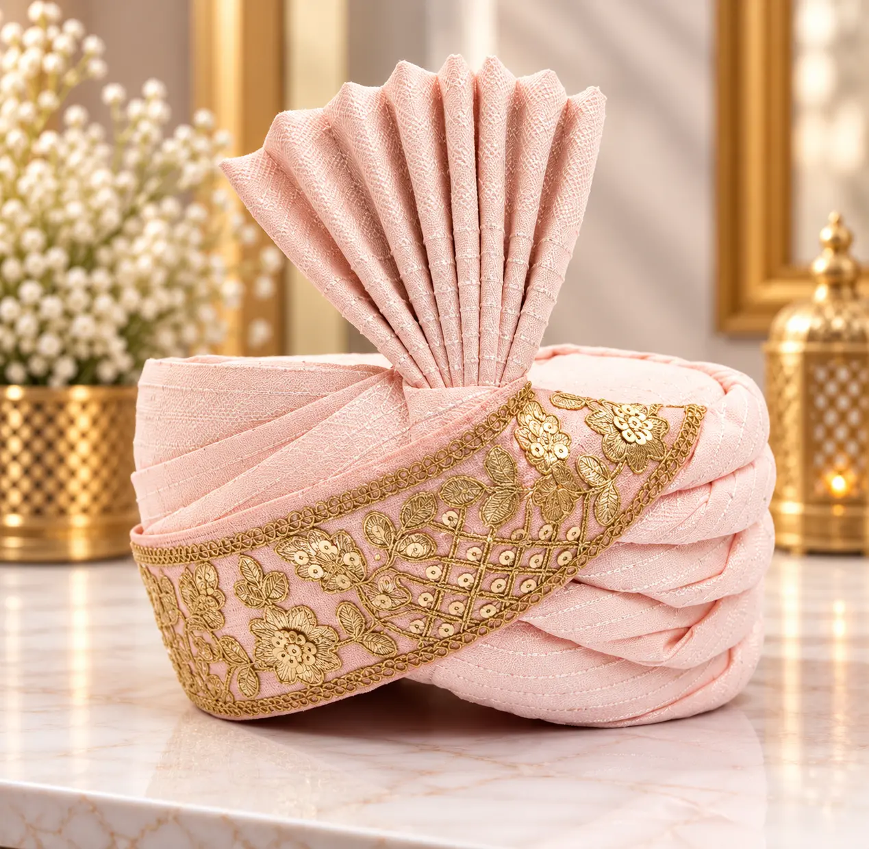 Light Pink Traditional Groom Wedding Turban with Embroidered Border