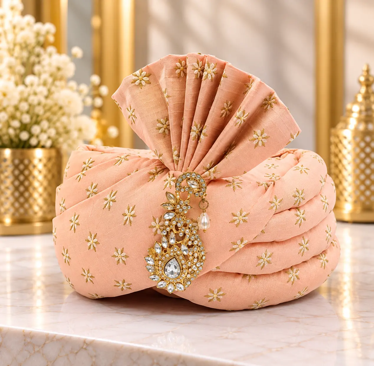 Peach Traditional Groom Wedding Turban with Jeweled Ornament