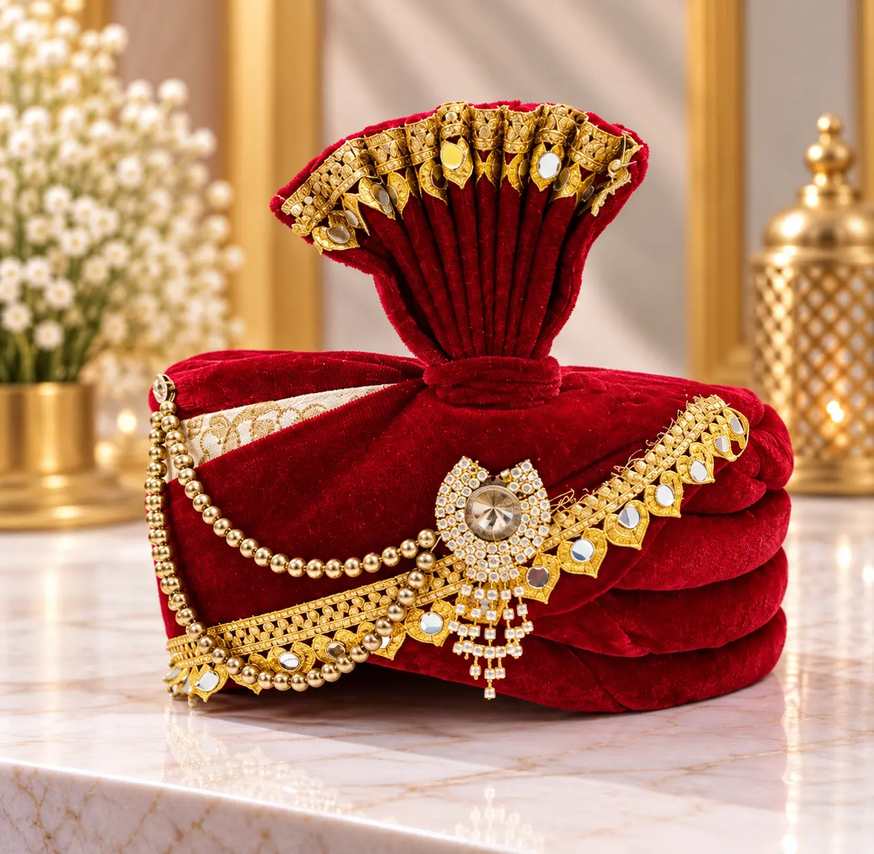 Maroon Traditional Groom Wedding Turban with Jeweled Ornament