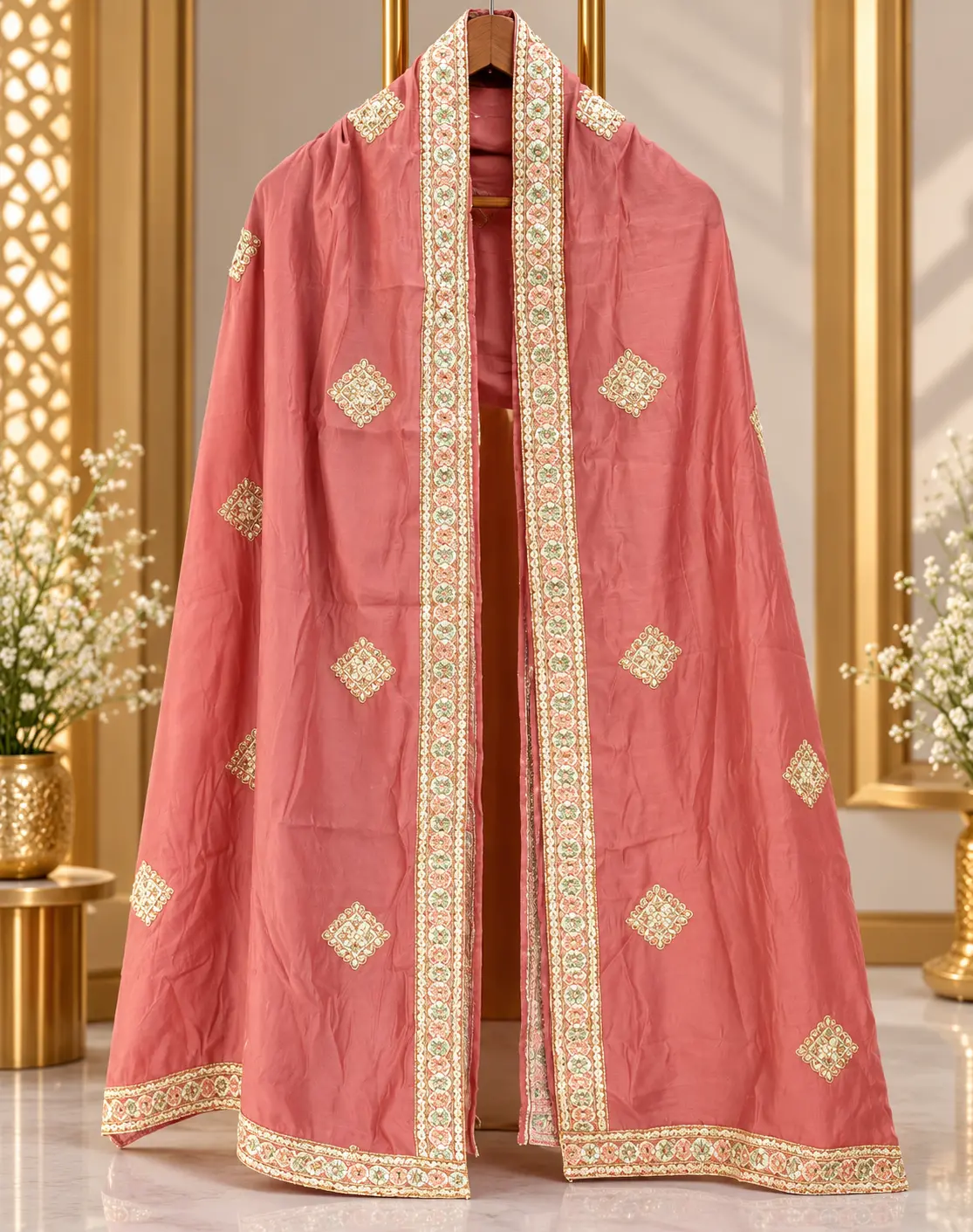 Dusty Rose Traditional Groom Wedding Stole with Embroidered Border