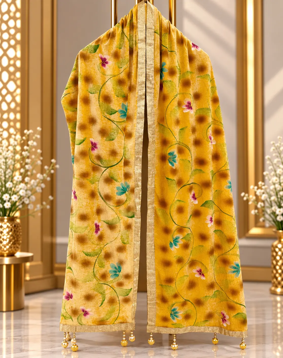 Mustard Yellow Traditional Groom Wedding Stole with Floral Detailing