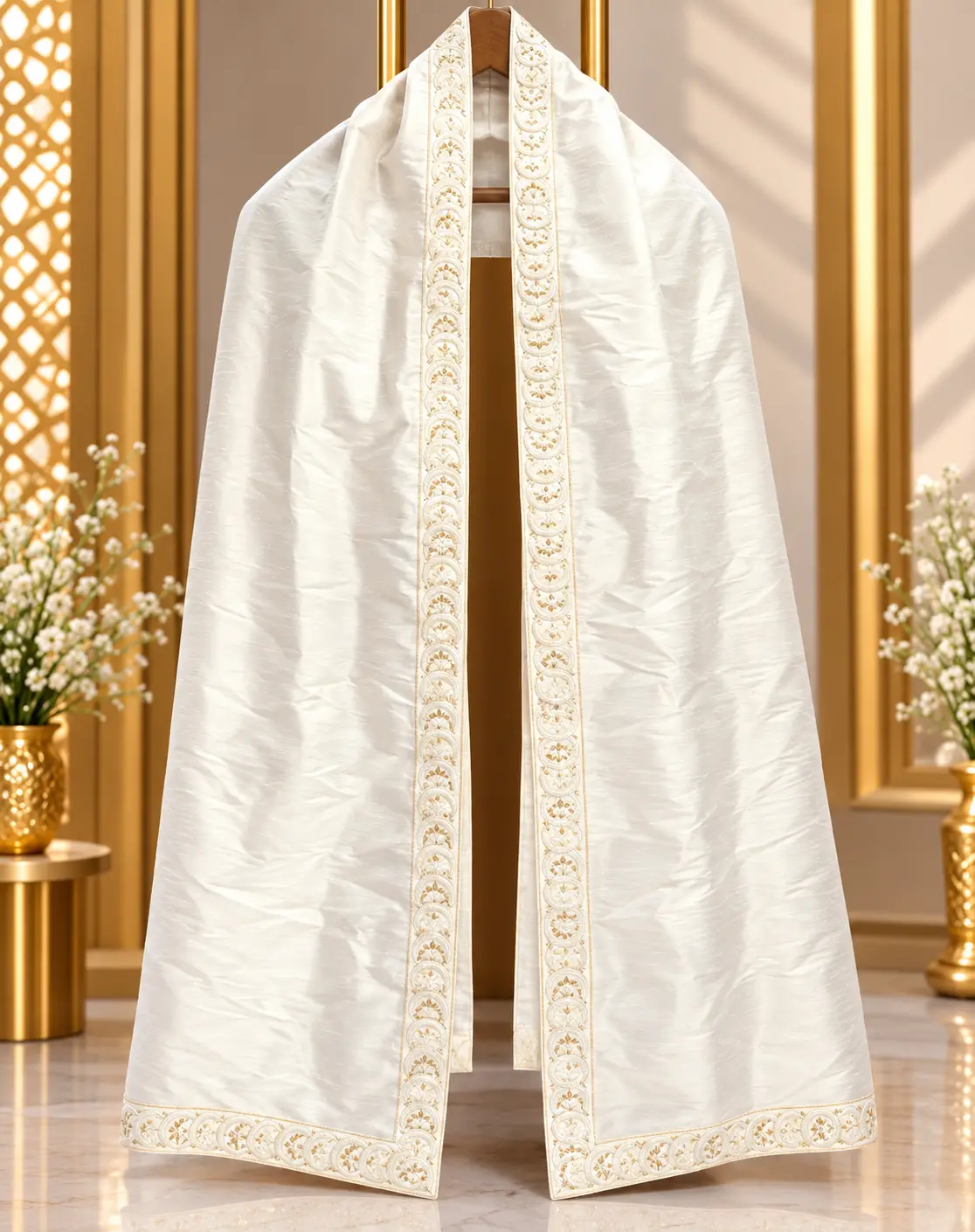 Ivory White Traditional Groom Wedding Stole with Embroidered Border