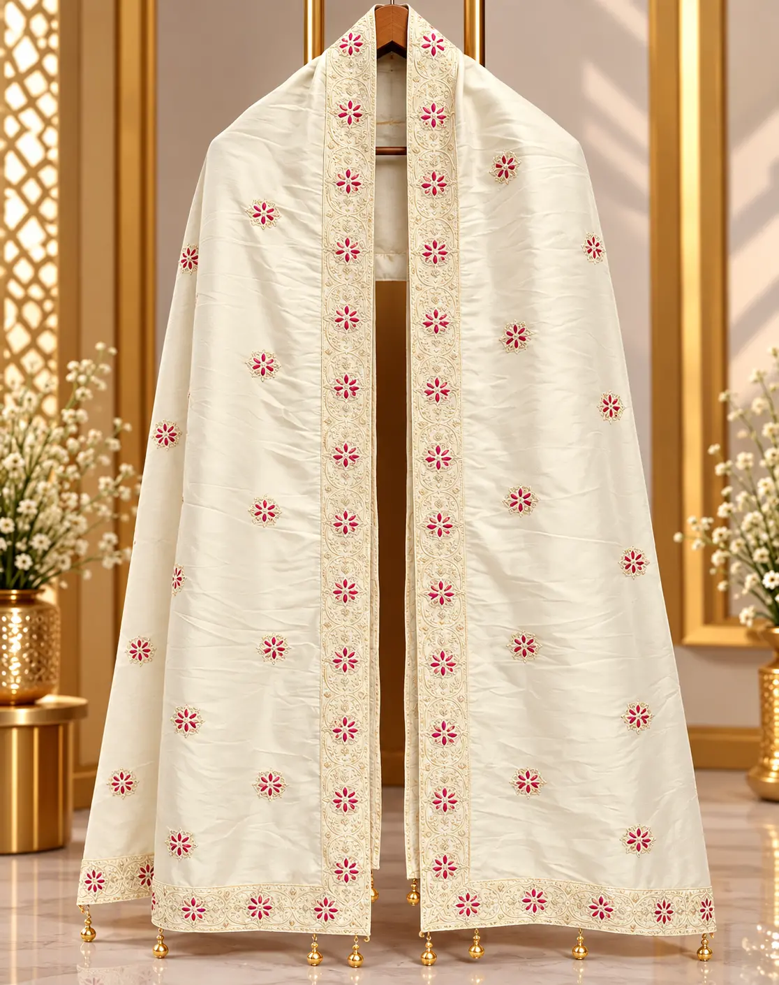 Ivory Cream Traditional Groom Wedding Stole with Floral Embroidery