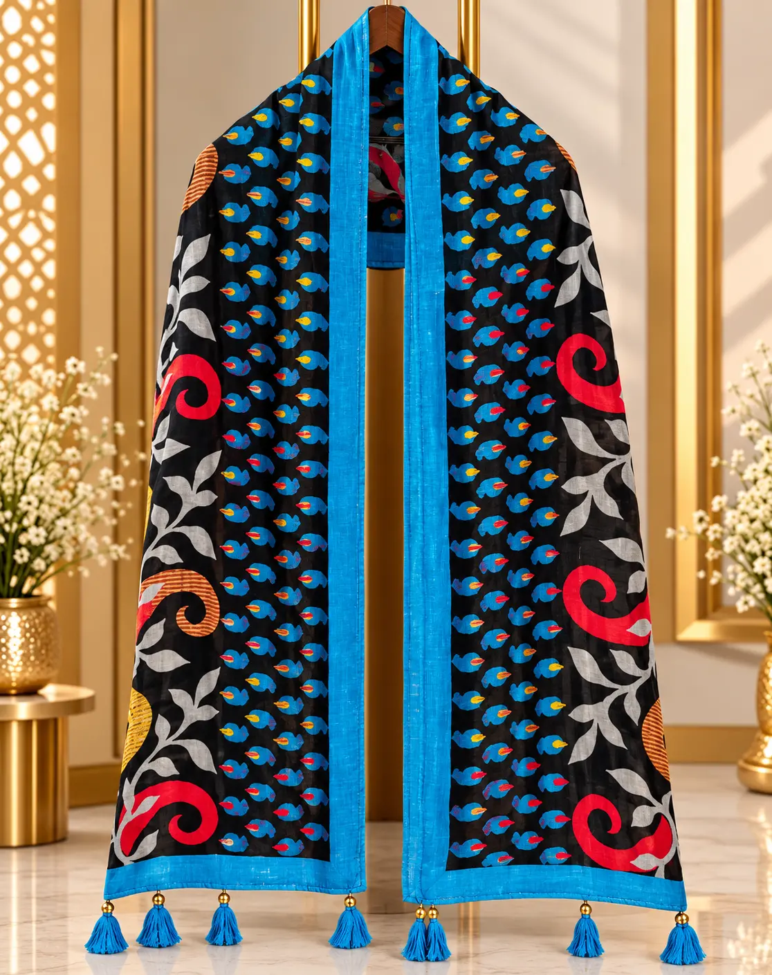 Black & Blue Traditional Groom Wedding Stole with Printed Motifs