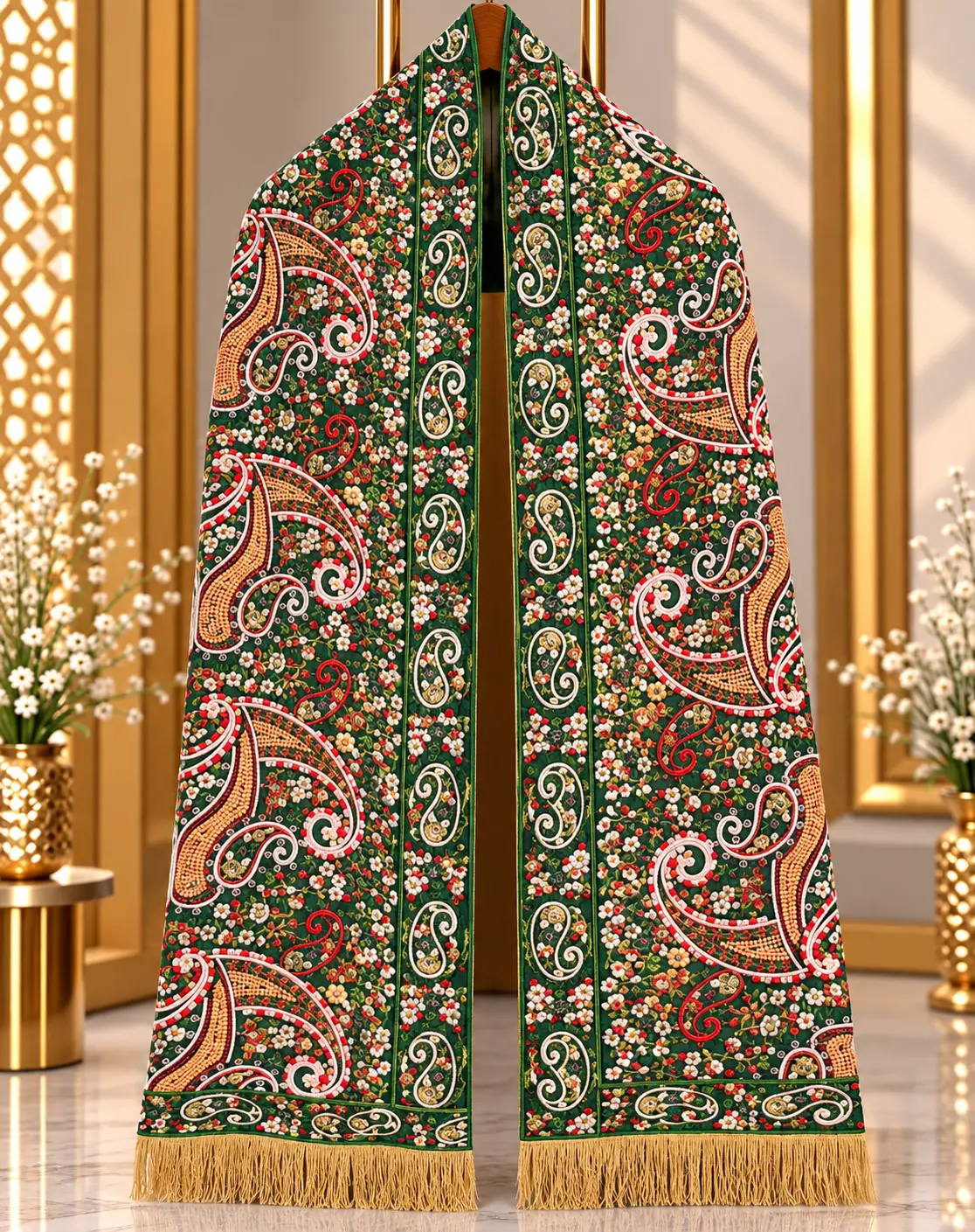 Bottle Green Traditional Groom Wedding Stole with Paisley Motifs
