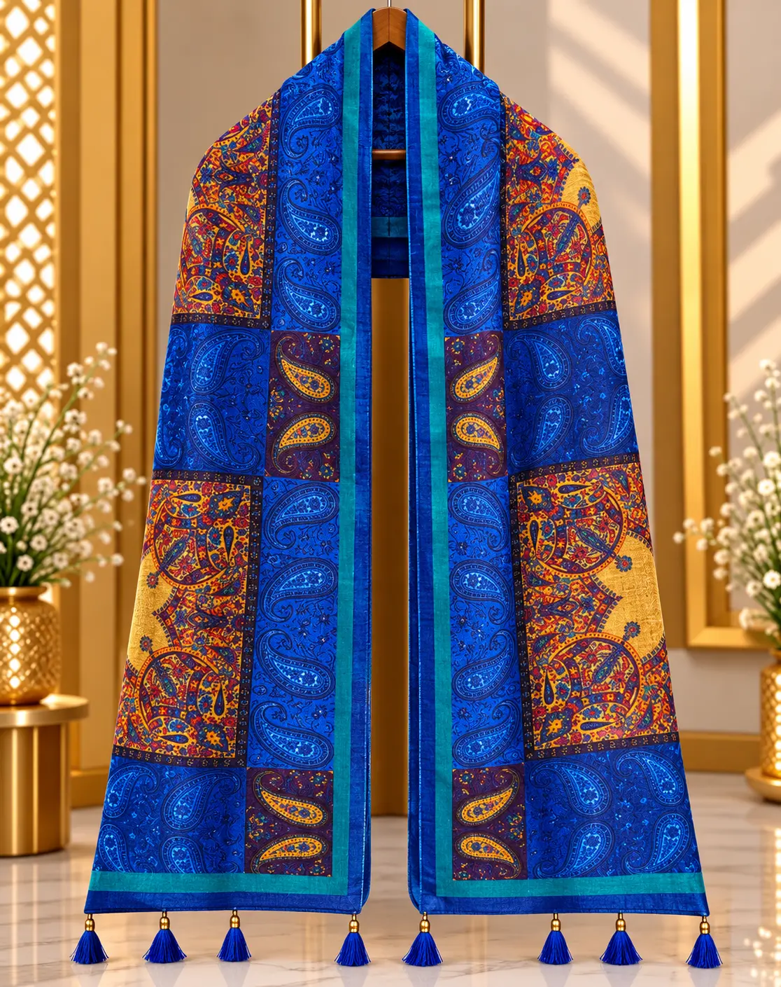 Royal Blue Traditional Groom Wedding Stole with Paisley Print