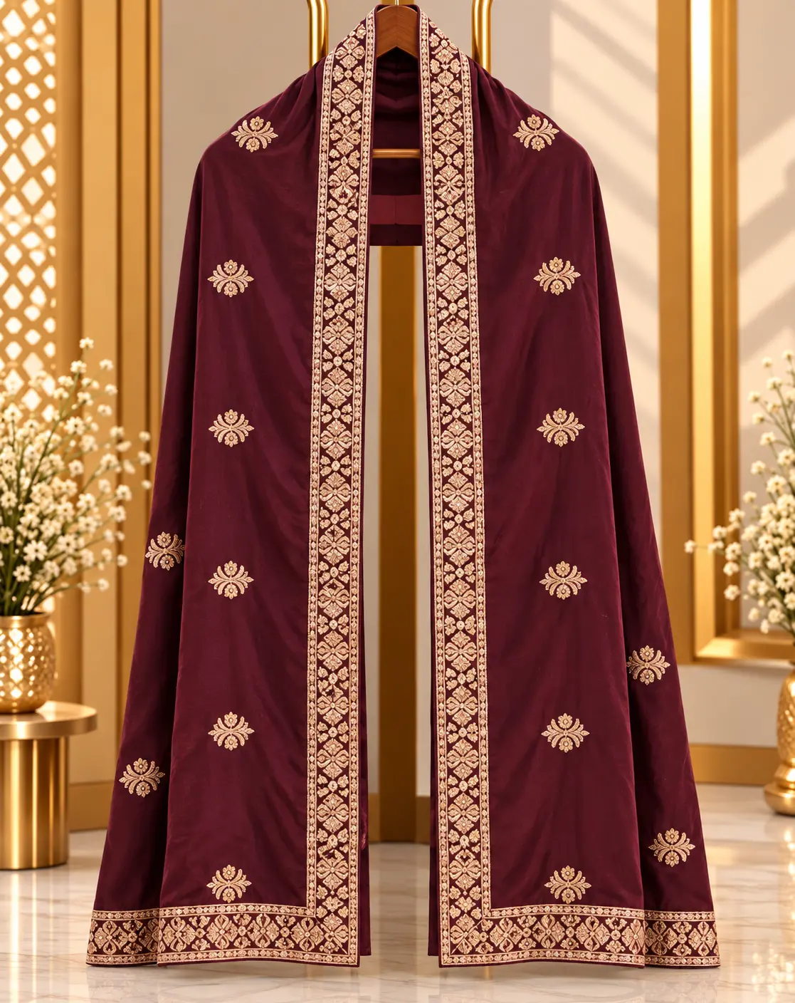 Wine Maroon Traditional Groom Wedding Stole with Embroidered Border