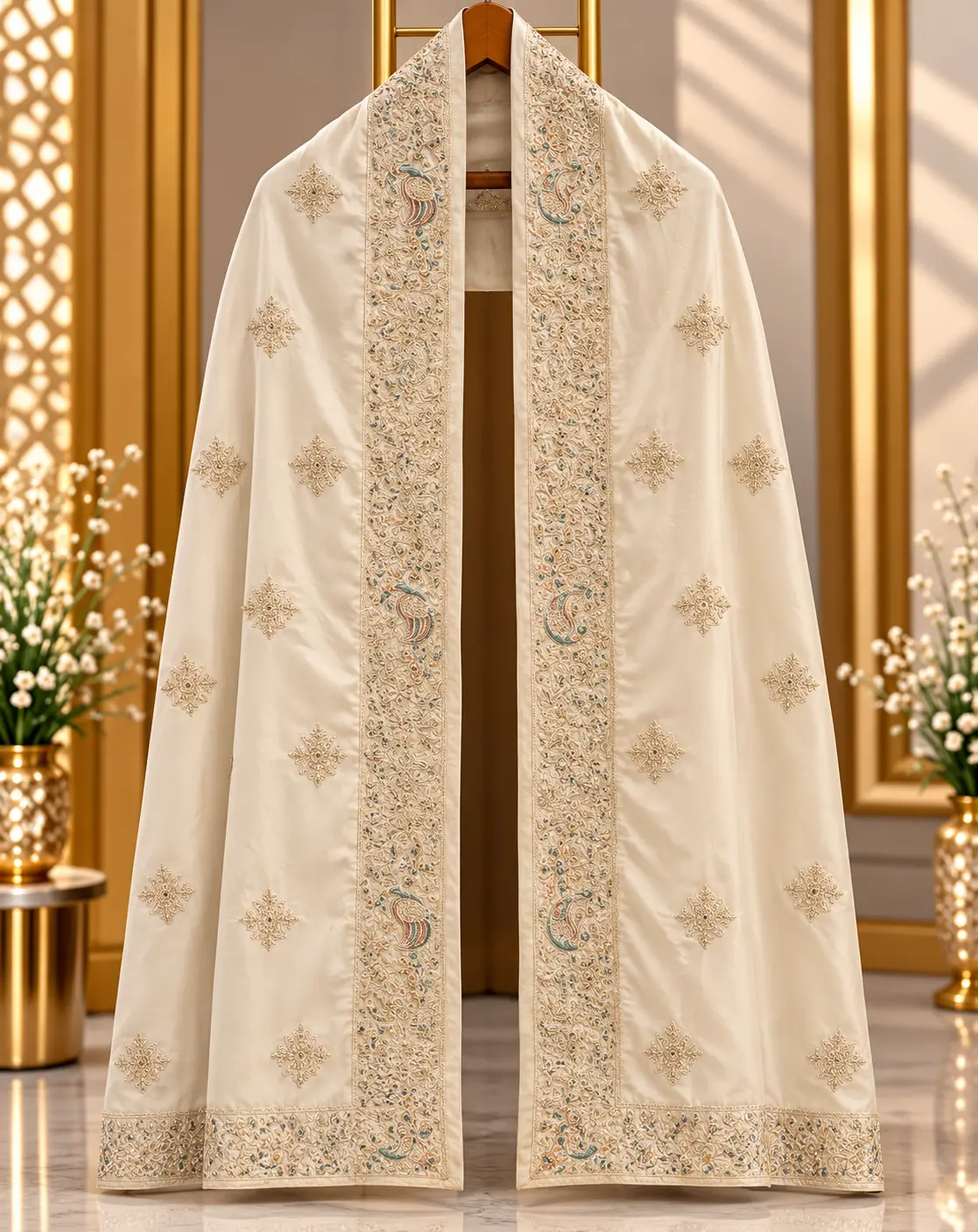 Ivory Cream Traditional Groom Wedding Stole with Ornate Embroidery