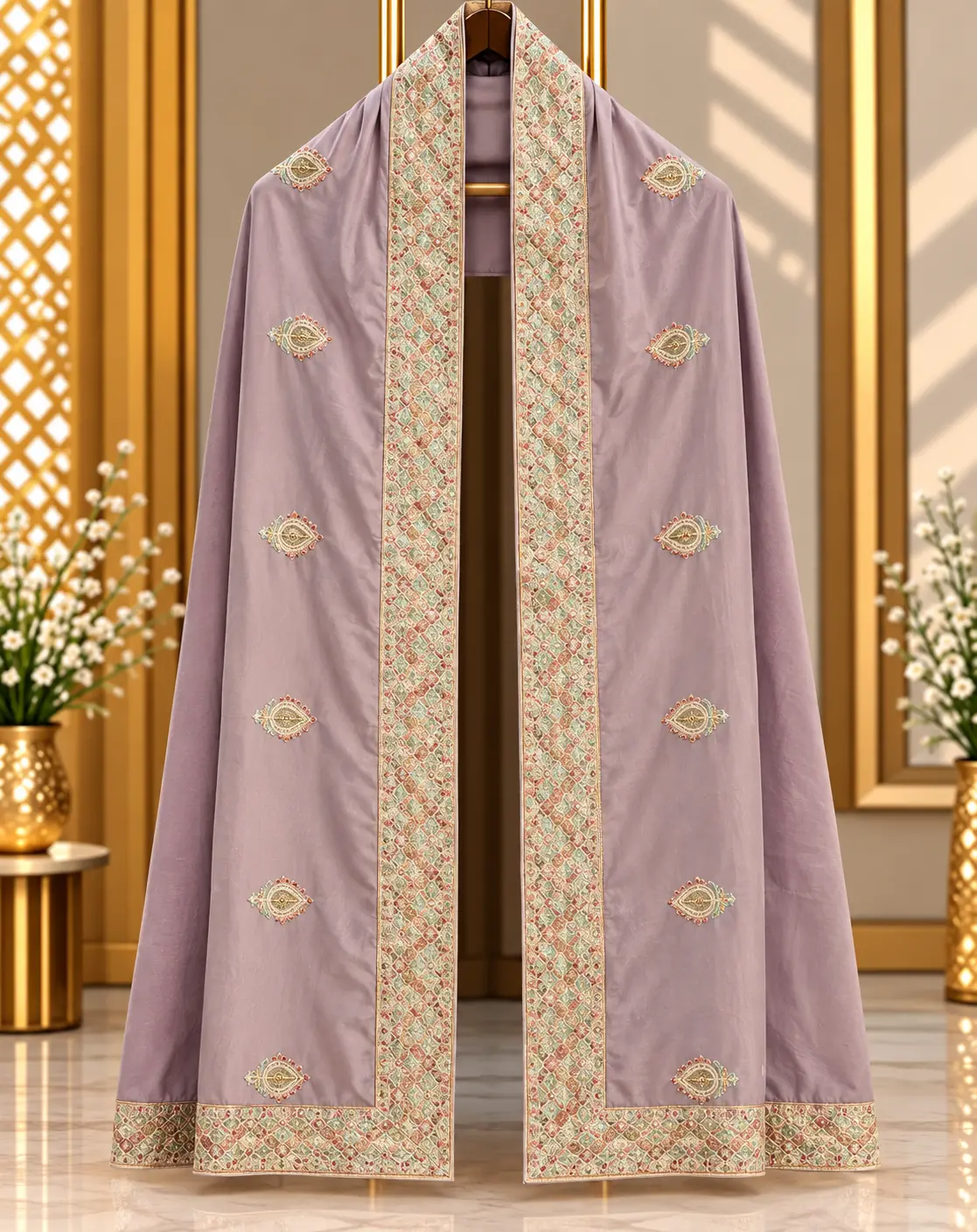 Dusty Lavender Traditional Groom Wedding Stole with Embroidered Border