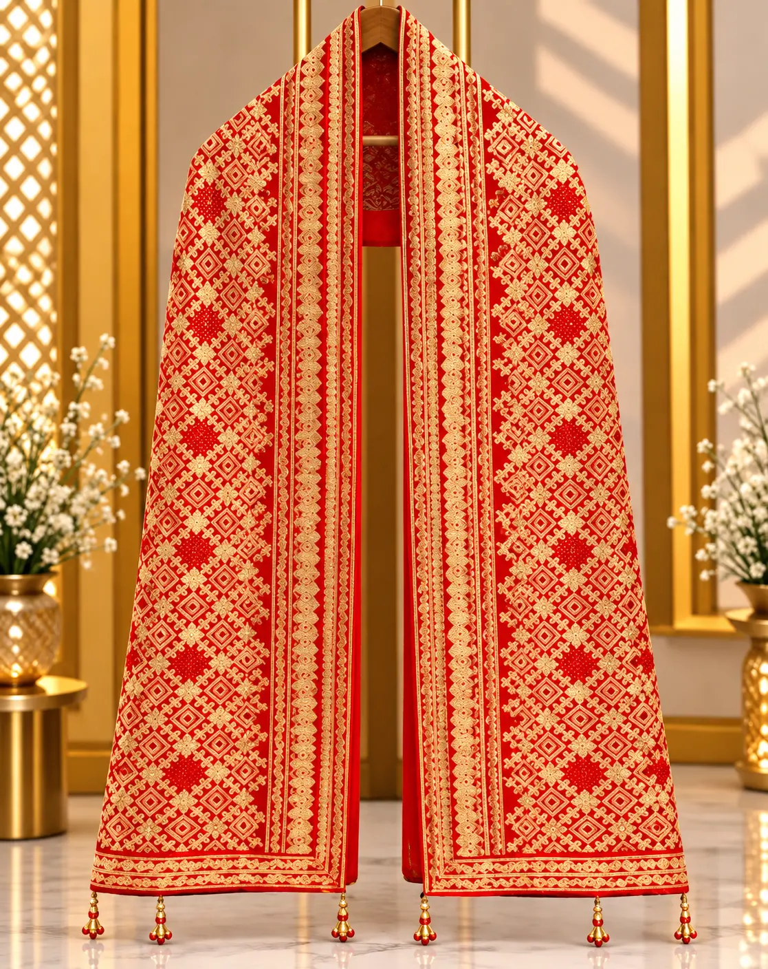 Red Traditional Groom Wedding Stole with Gold Embroidery