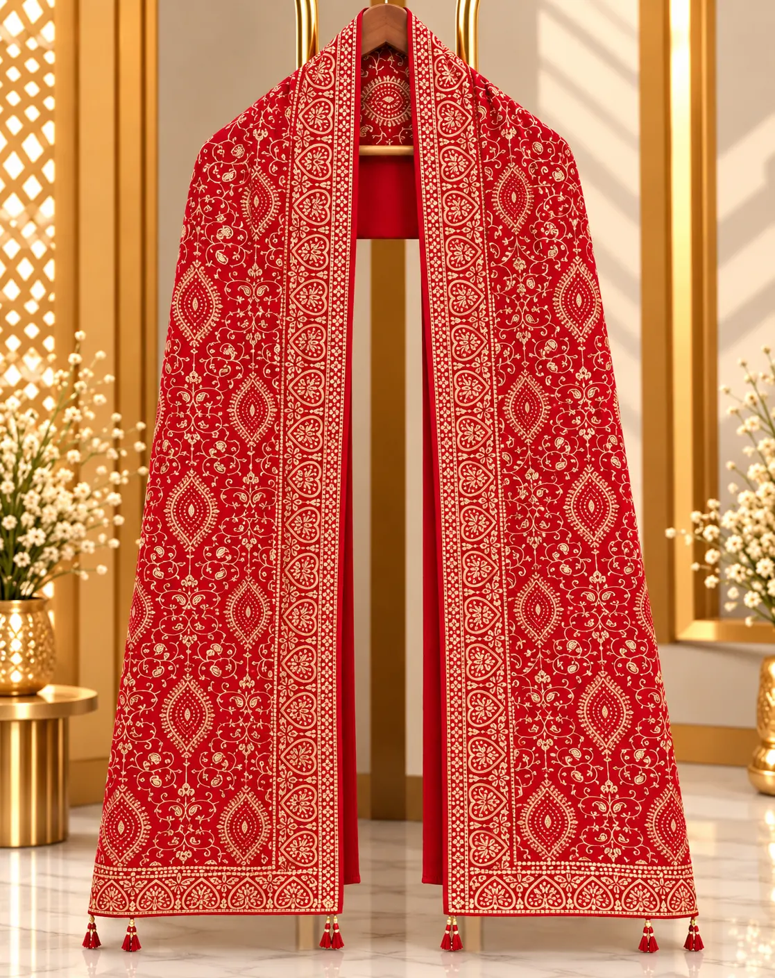 Rani Pink Traditional Groom Wedding Stole with Gold Motif Detailing