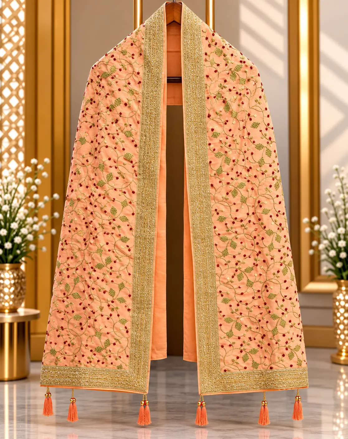 Peach Traditional Groom Wedding Stole with Floral Vine Embroidery